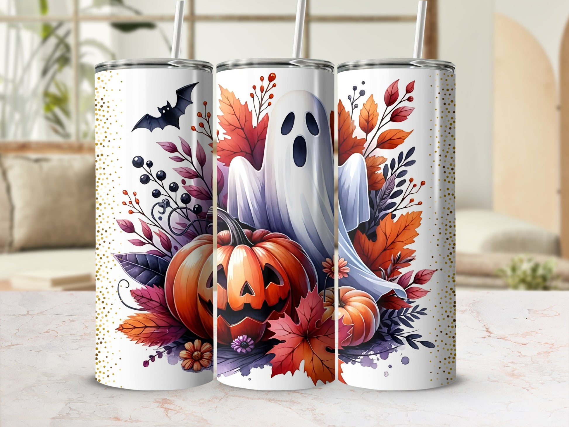 Halloween Ghost and Pumpkin Design Tumbler Cup