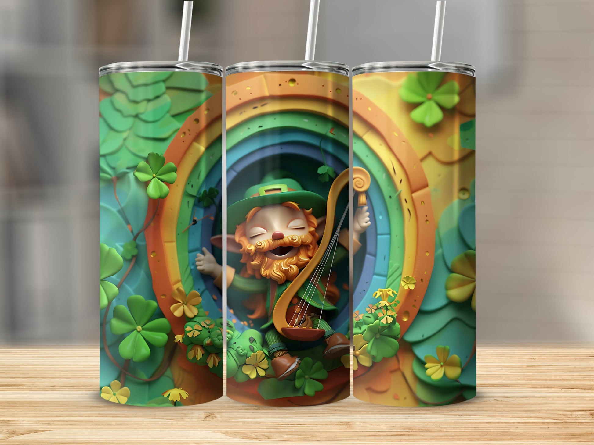 Leprechaun playing a lute inside a rainbow tunnel with shamrocks.