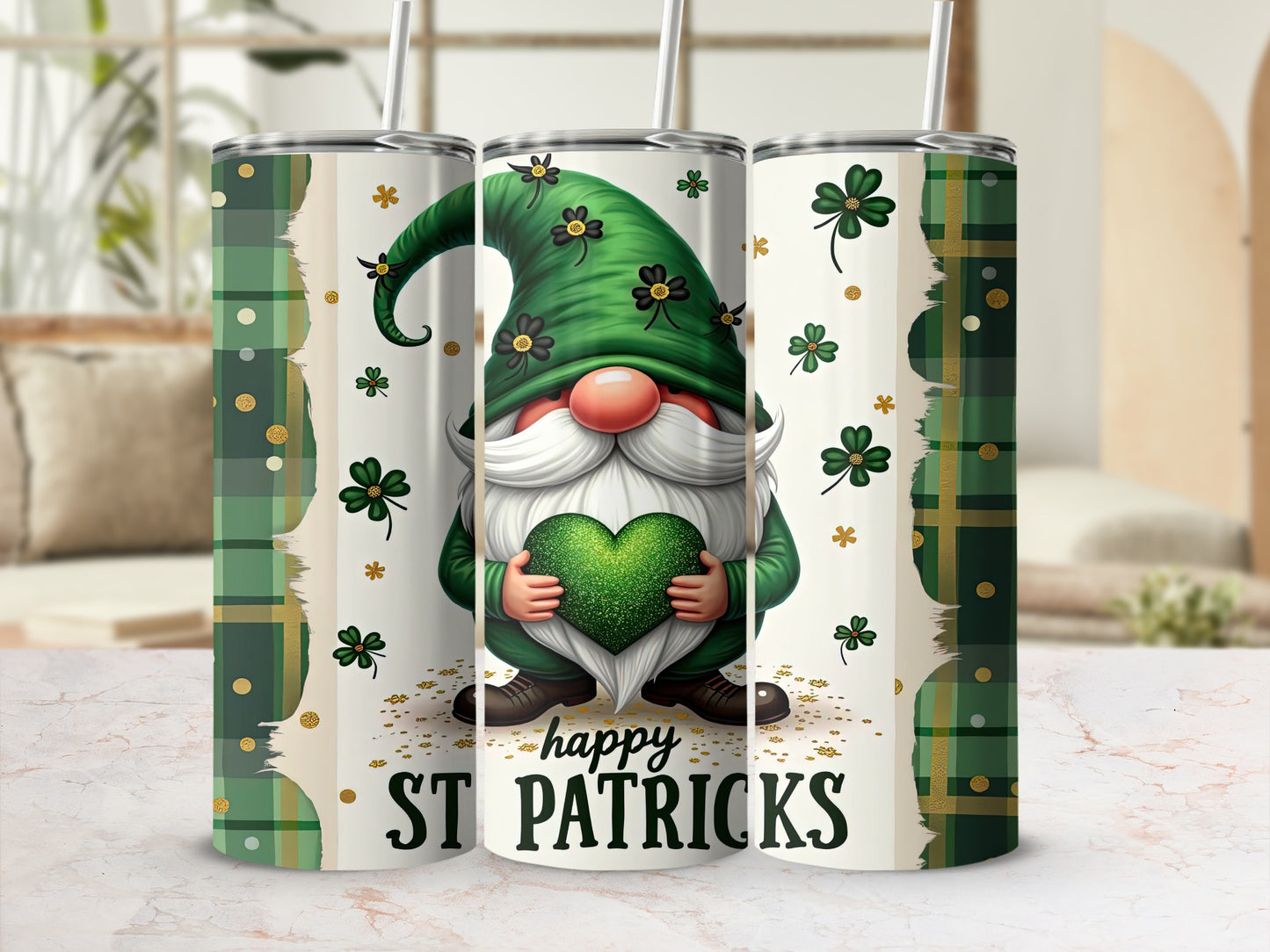 St. Patrick's Day gnome holding a green heart, surrounded by shamrocks.