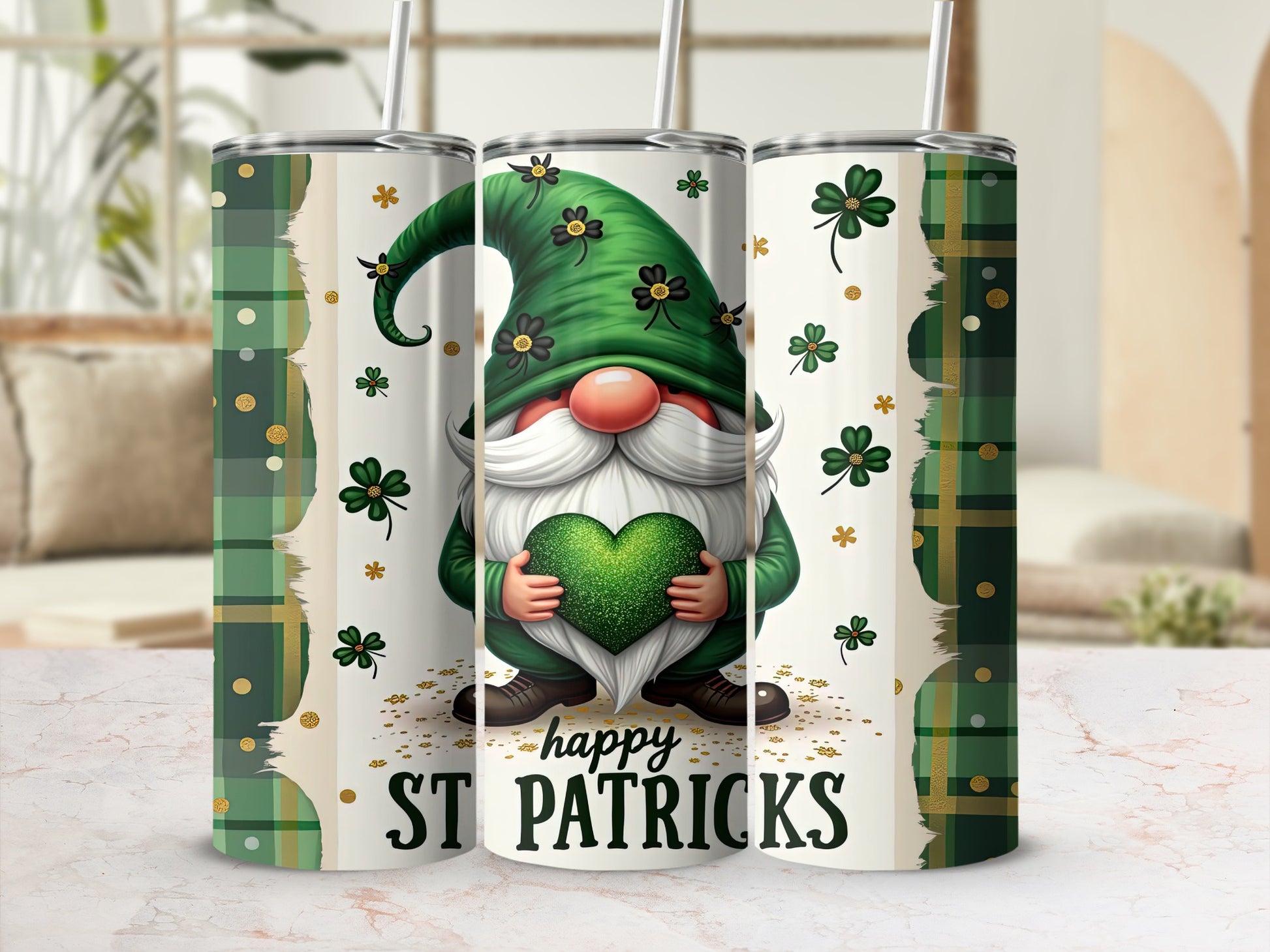 St. Patrick's Day gnome holding a green heart, surrounded by shamrocks.
