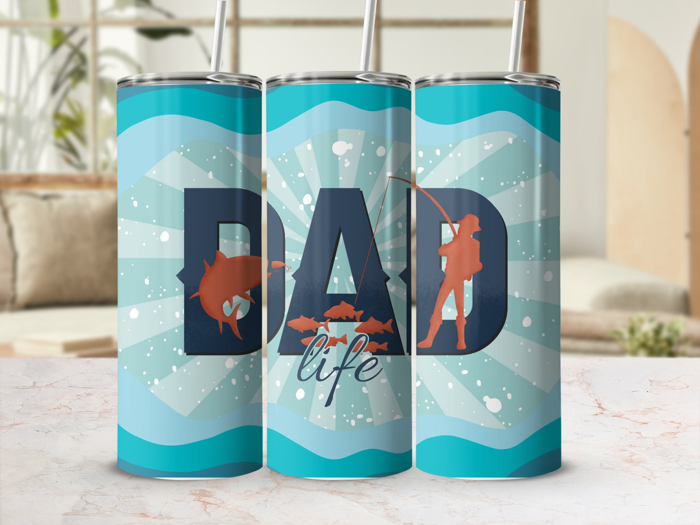 Three tumblers with "DAD life" design featuring a shark, fish, and fisherman.
