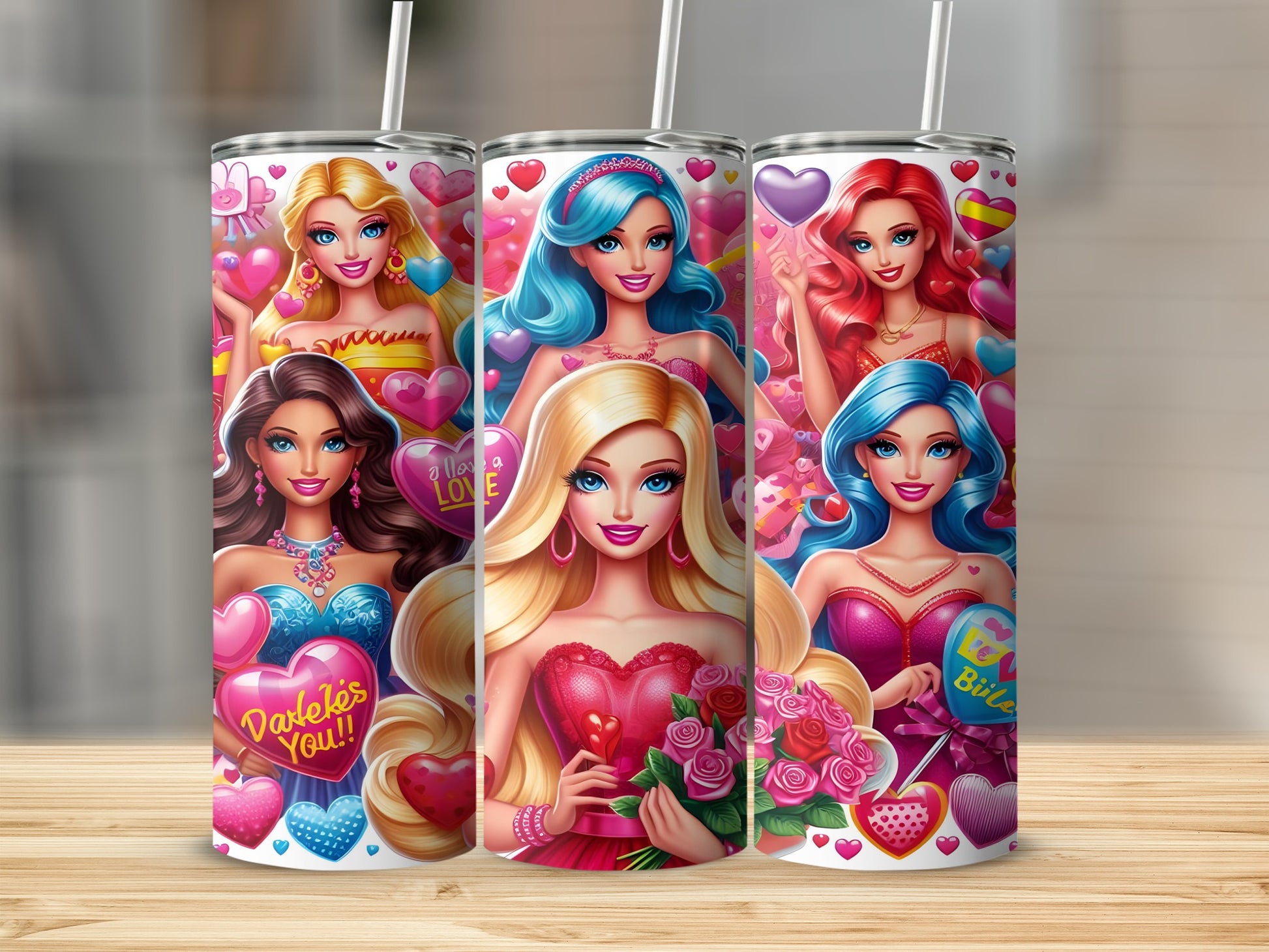 Three Barbie-themed tumblers featuring hearts and flowers.