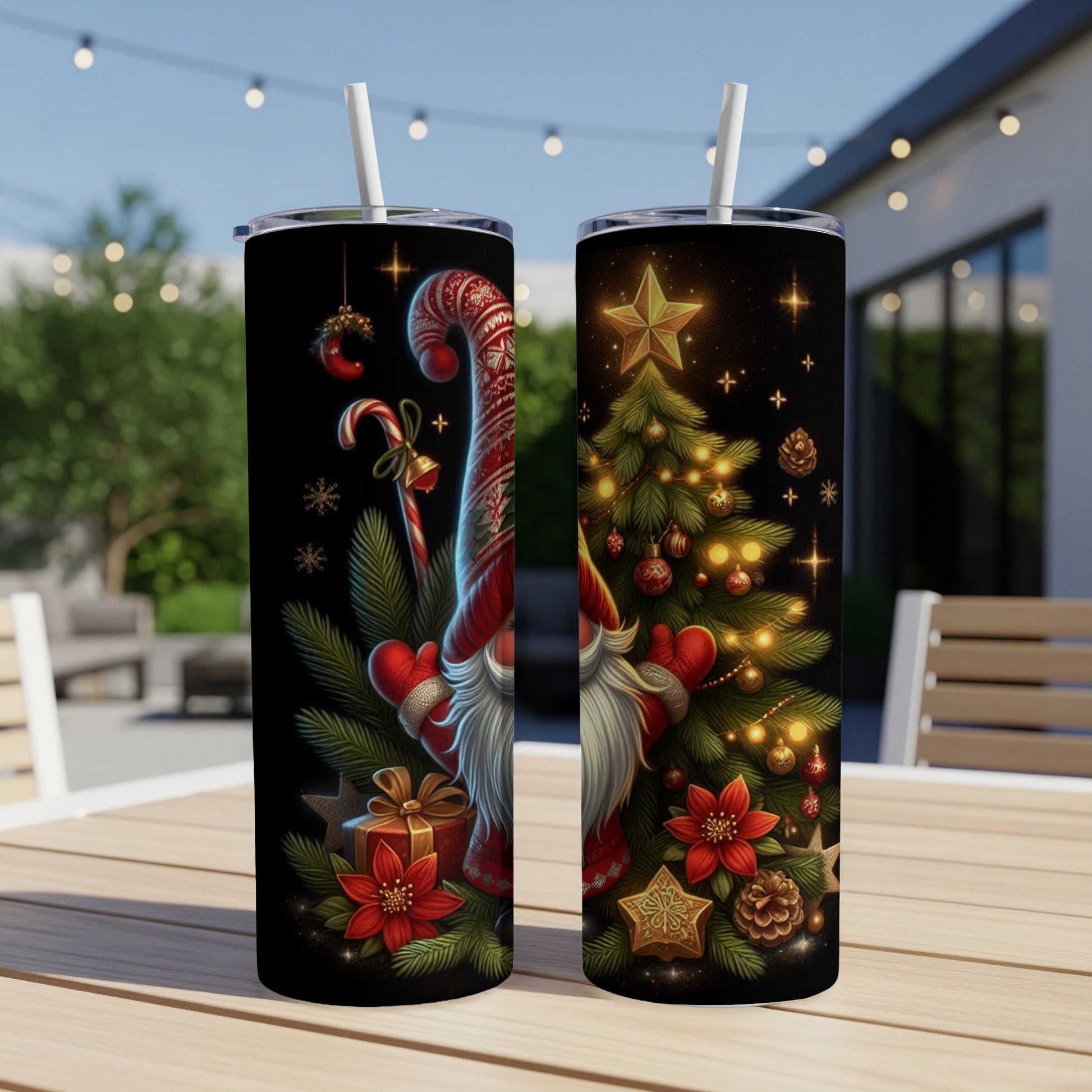 Christmas gnome and tree design on two tumblers with straws.