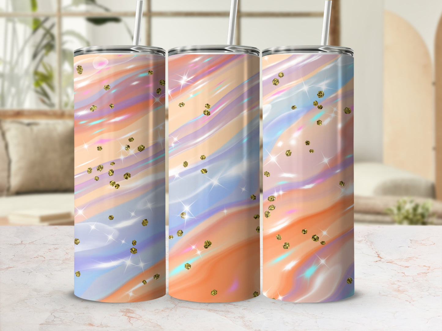 Three tumblers with pastel watercolor swirls and gold glitter accents.
