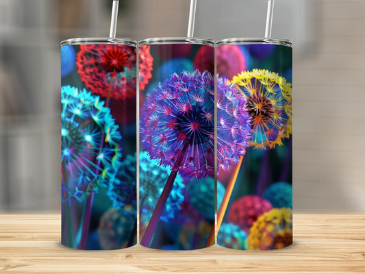 Three colorful dandelion artworks on tumblers.