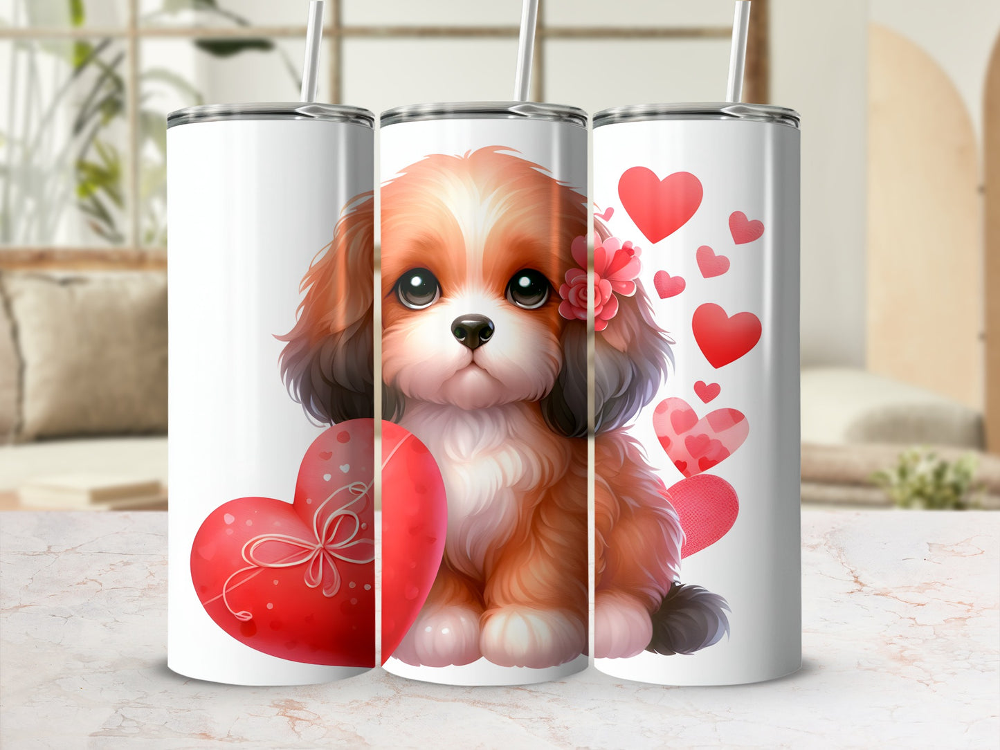 Puppy with heart decorations on three tumblers.