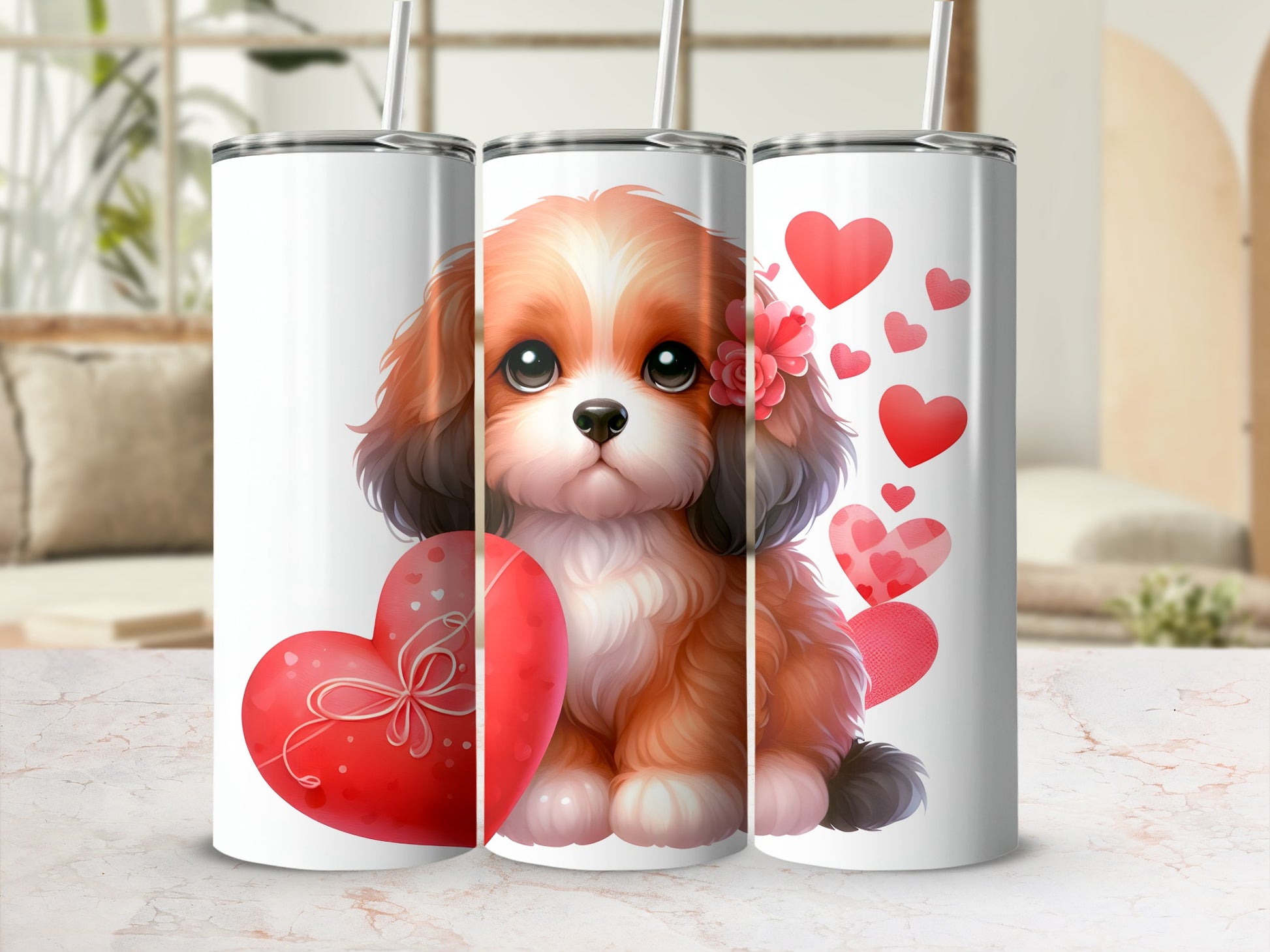 Puppy with heart decorations on three tumblers.