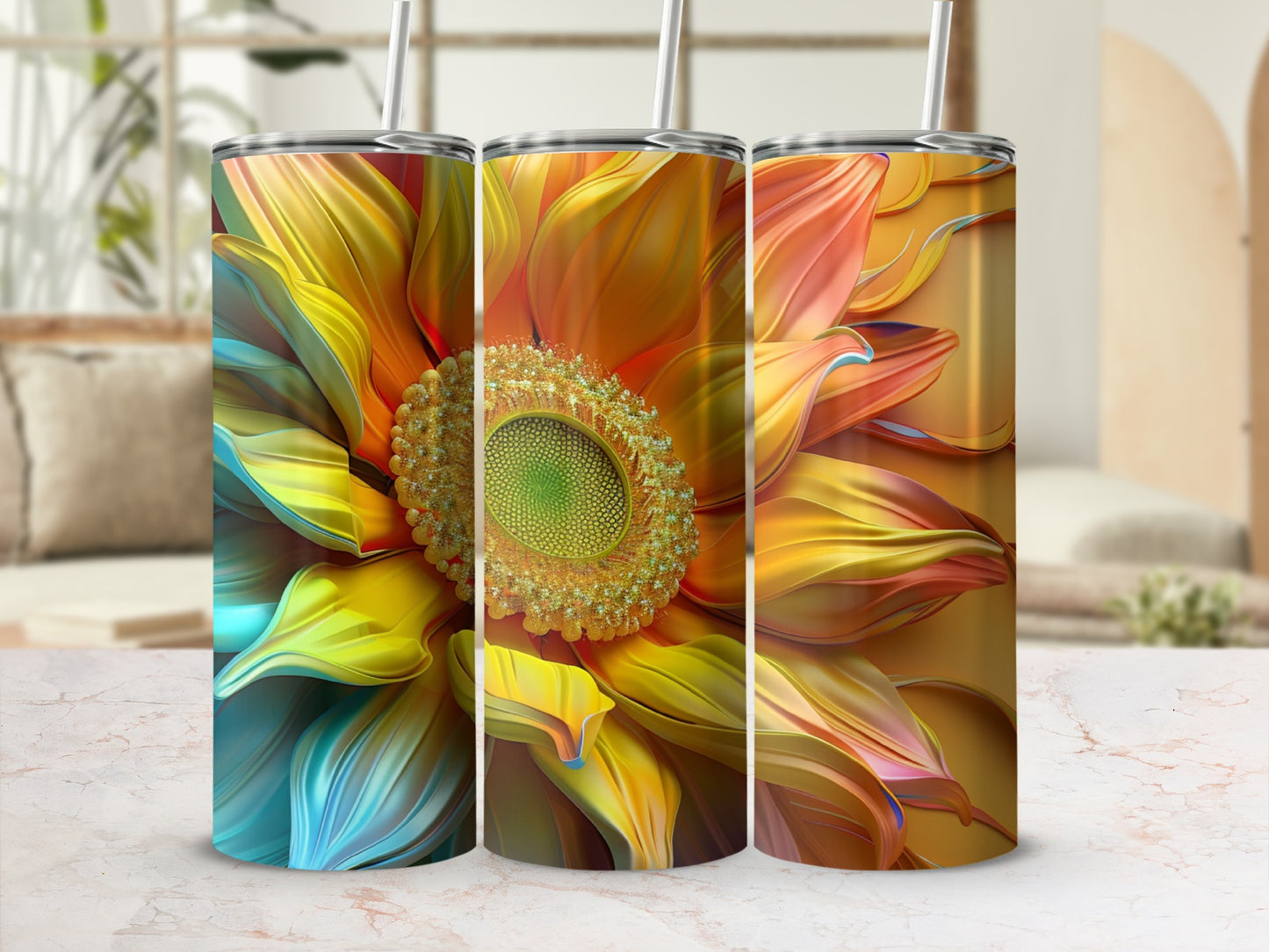 Three tumblers with a vibrant, detailed sunflower design.
