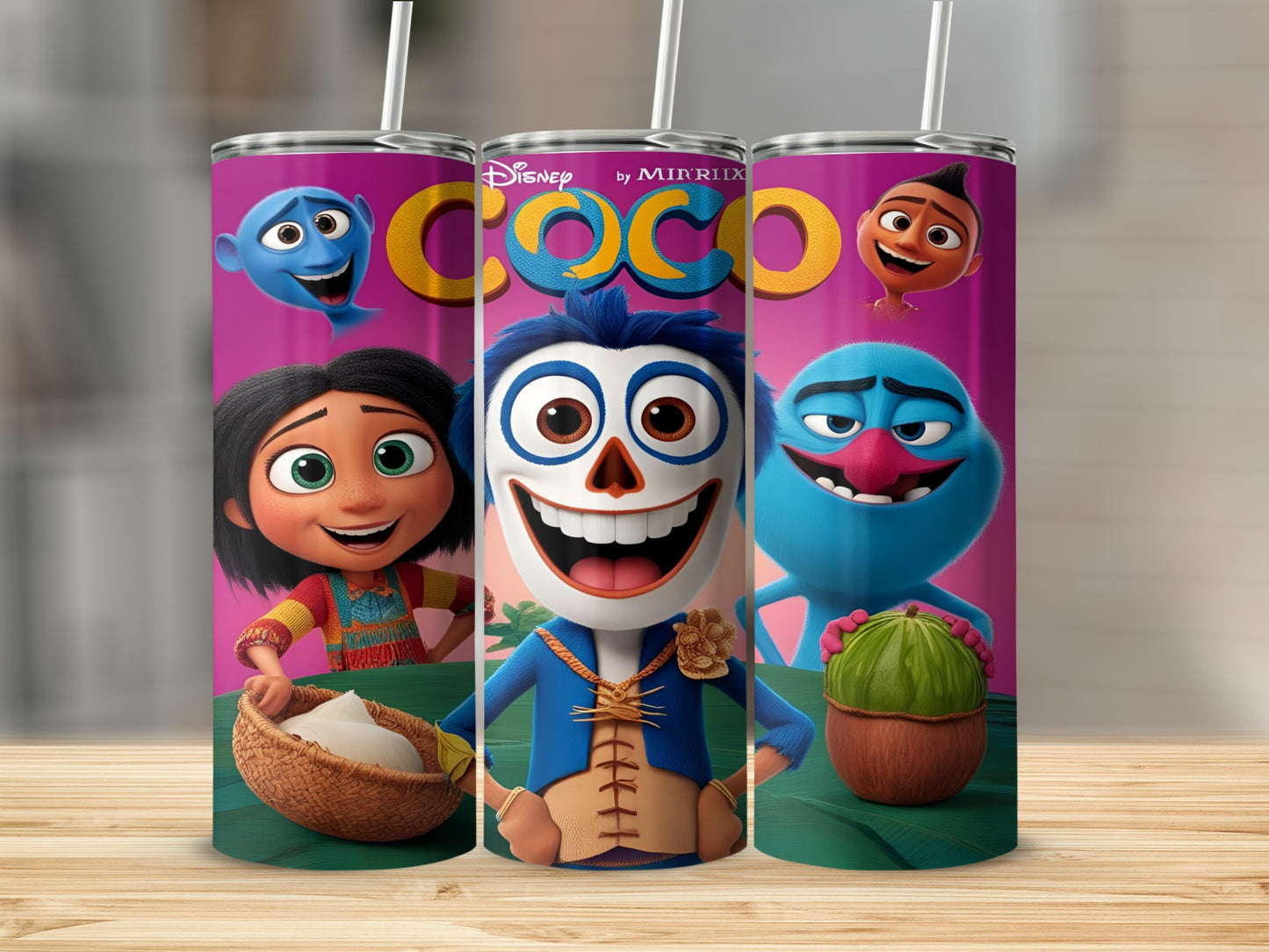 Coco movie characters Miguel, Hector, and Dante on a blue tumbler.