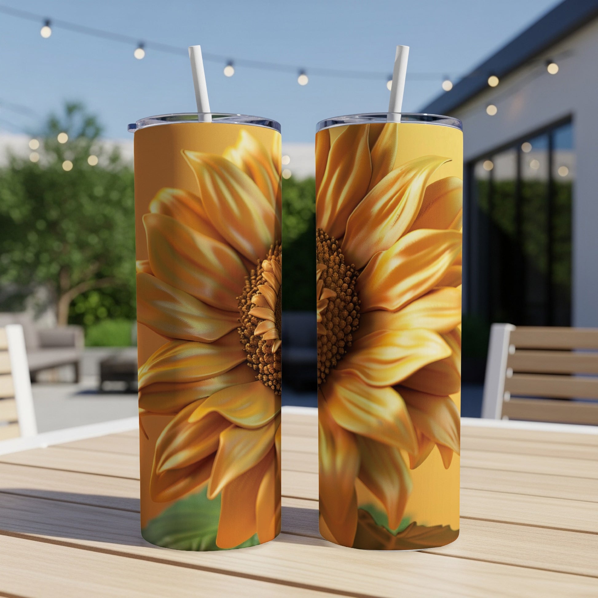 Two tumblers with large sunflower artwork on a wooden table.