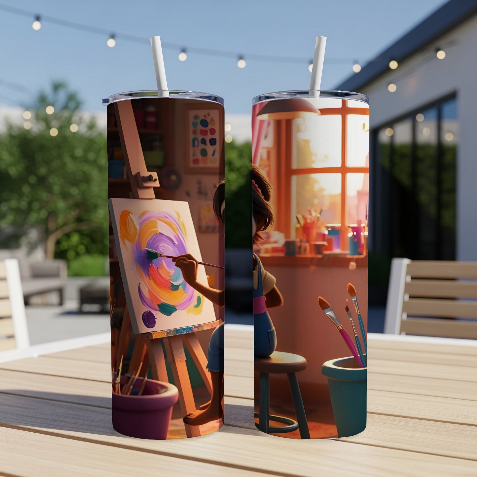 Two tumblers with a child painting at an easel on an outdoor patio.
