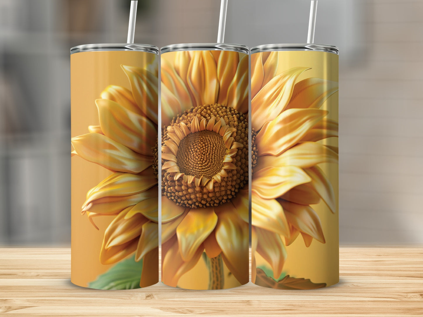 Three tumblers featuring a close-up of a sunflower design.
