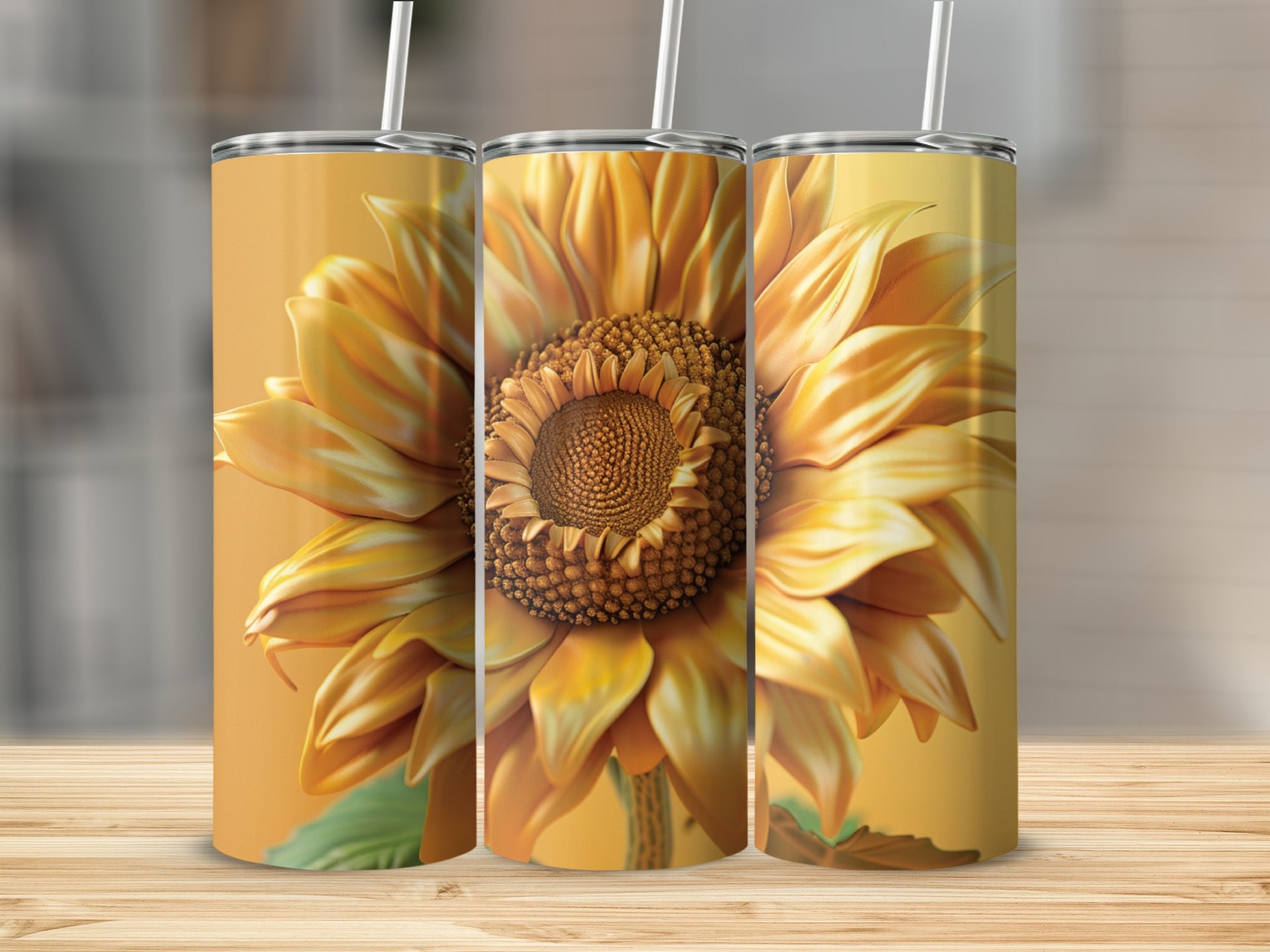 Three tumblers featuring a close-up of a sunflower design.