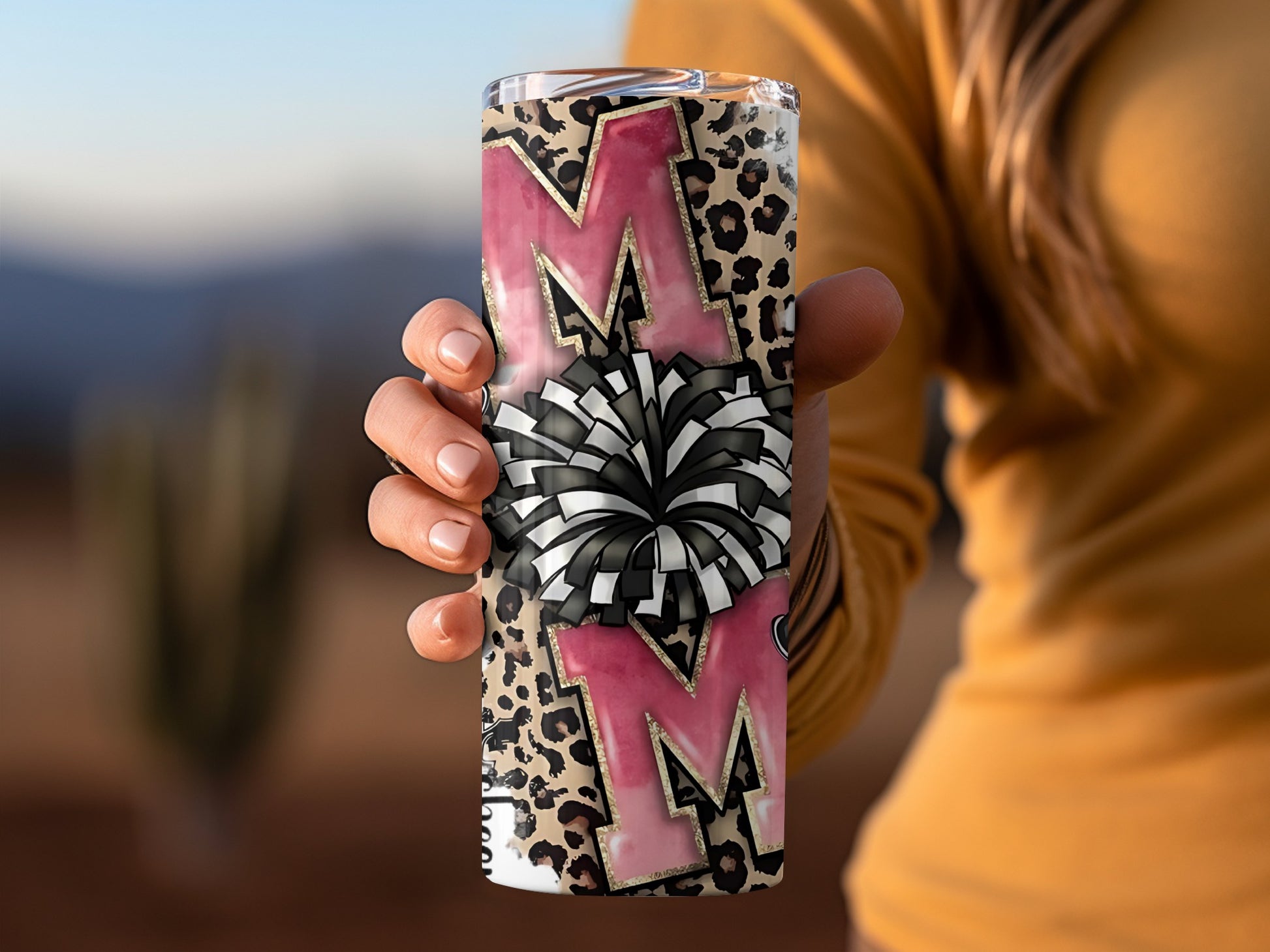 Cheer Mom Leopard Print Tumbler with Pom Pom Design