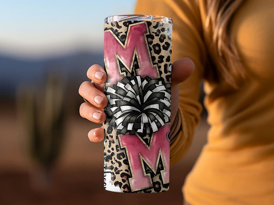 Cheer Mom Leopard Print Tumbler with Pom Pom Design