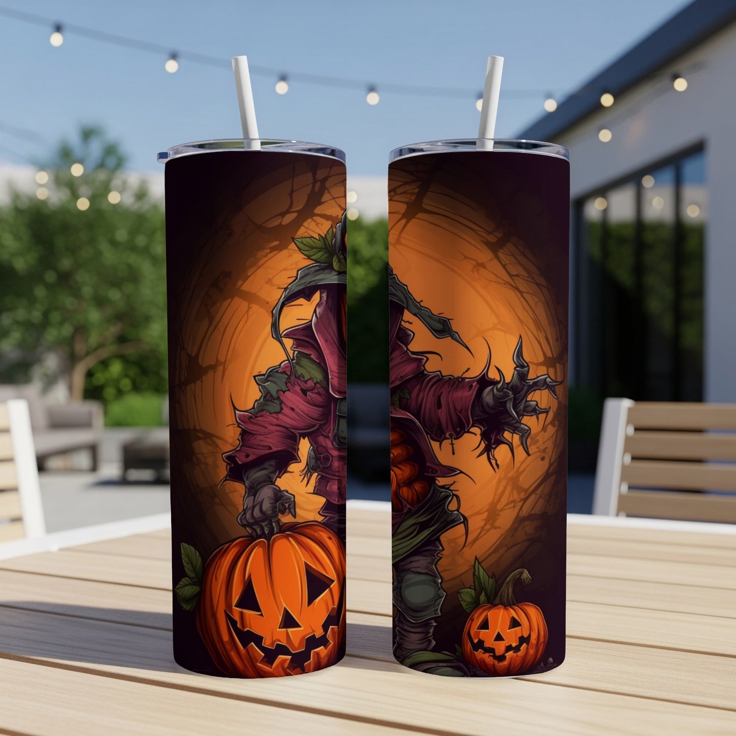 Two tumblers featuring a scarecrow and pumpkins with Halloween-themed art.