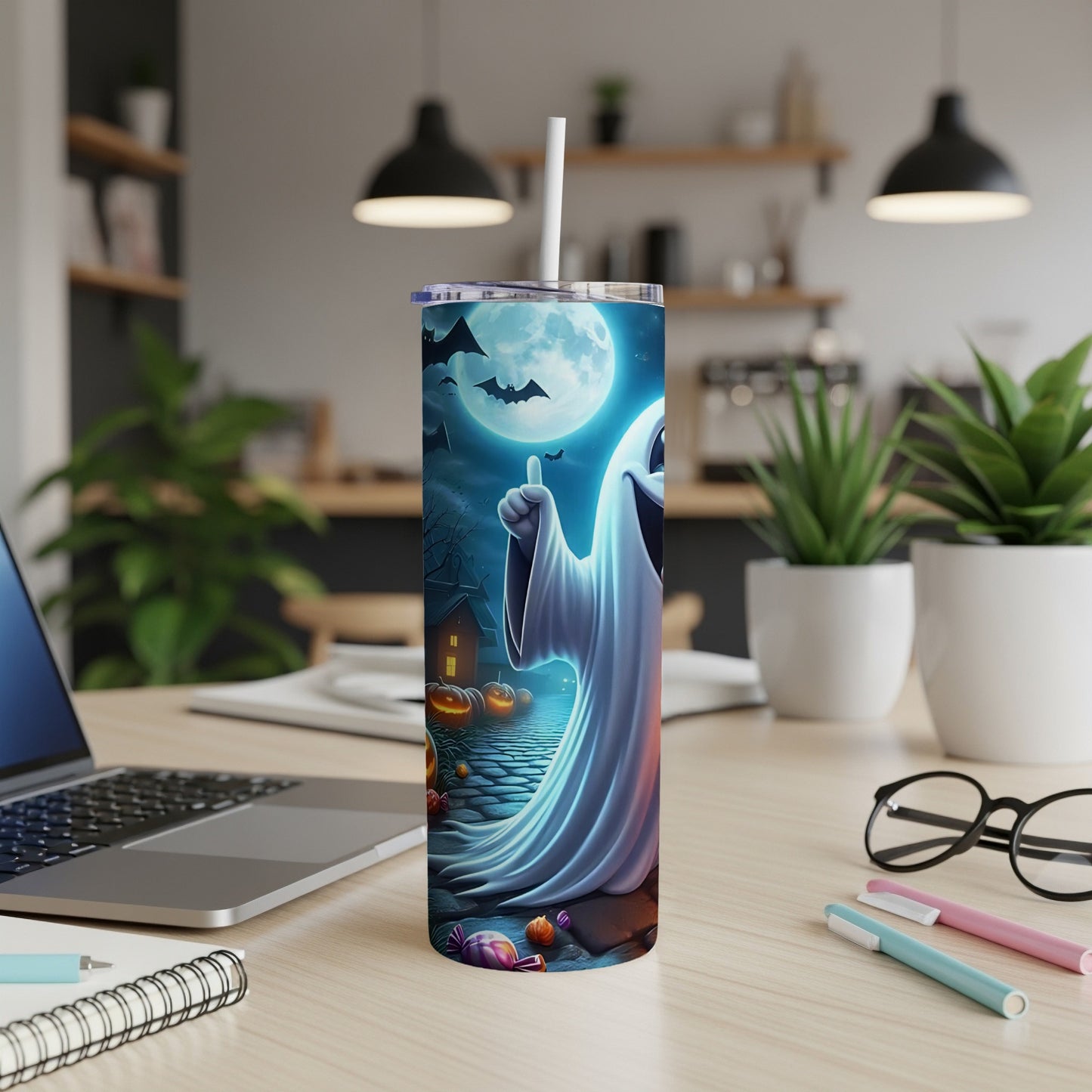 Halloween tumbler with a cheerful ghost, bats, and pumpkins under a full moon.