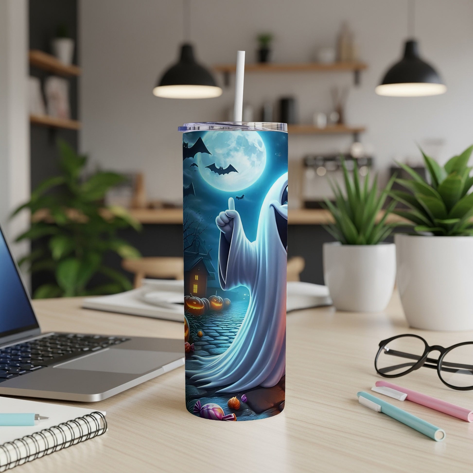 Halloween tumbler with a cheerful ghost, bats, and pumpkins under a full moon.