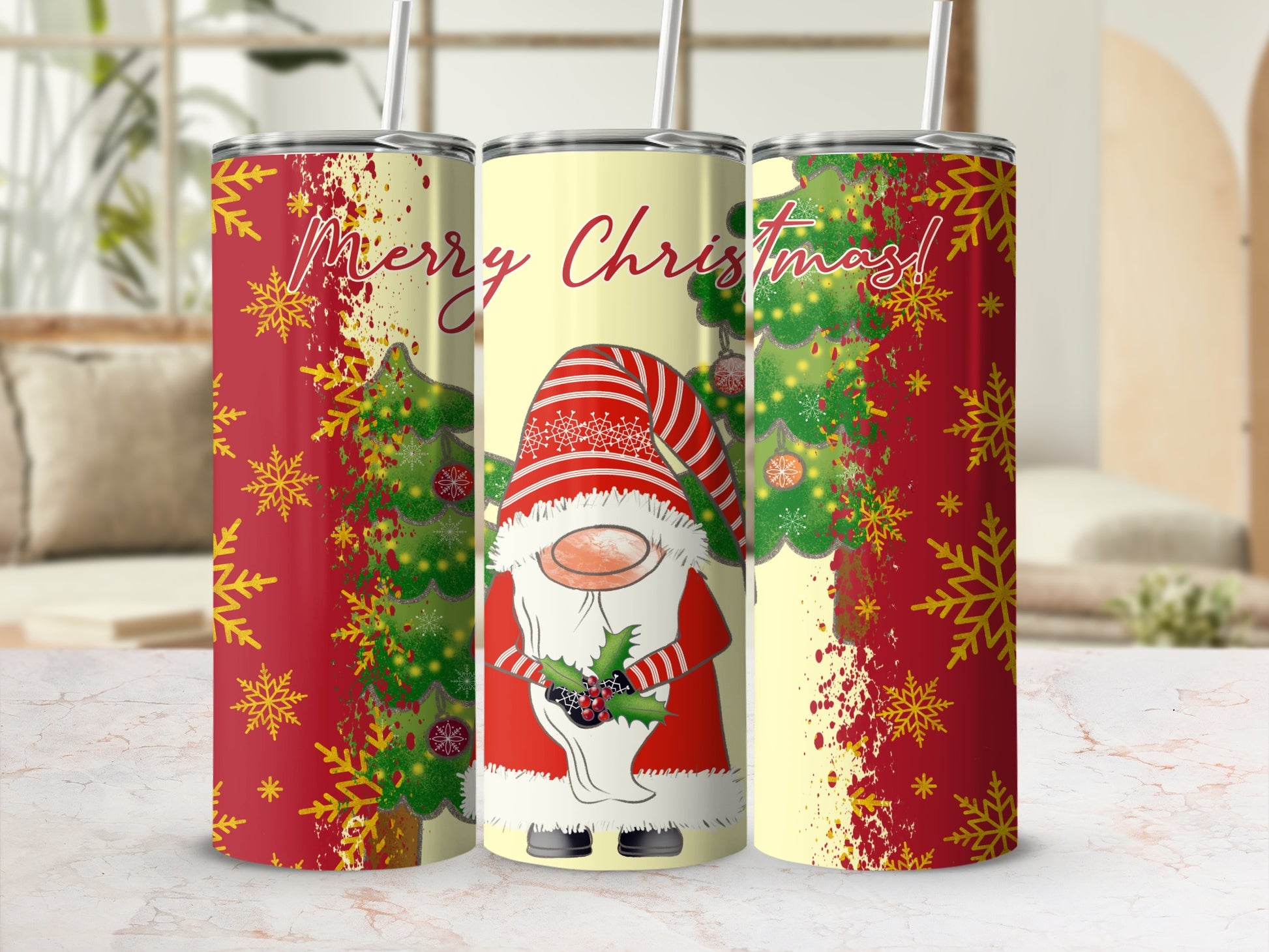 Christmas gnome with trees and snowflakes on yellow tumblers.
