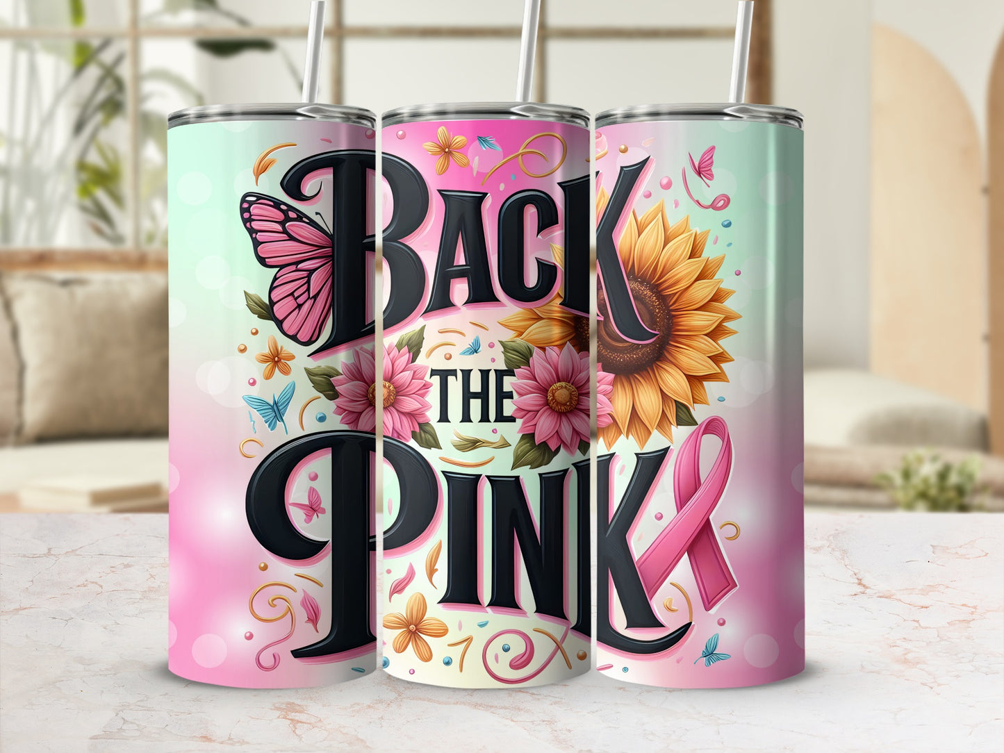 Three tumblers with "Back the Pink" text, butterflies, flowers, and a pink ribbon.