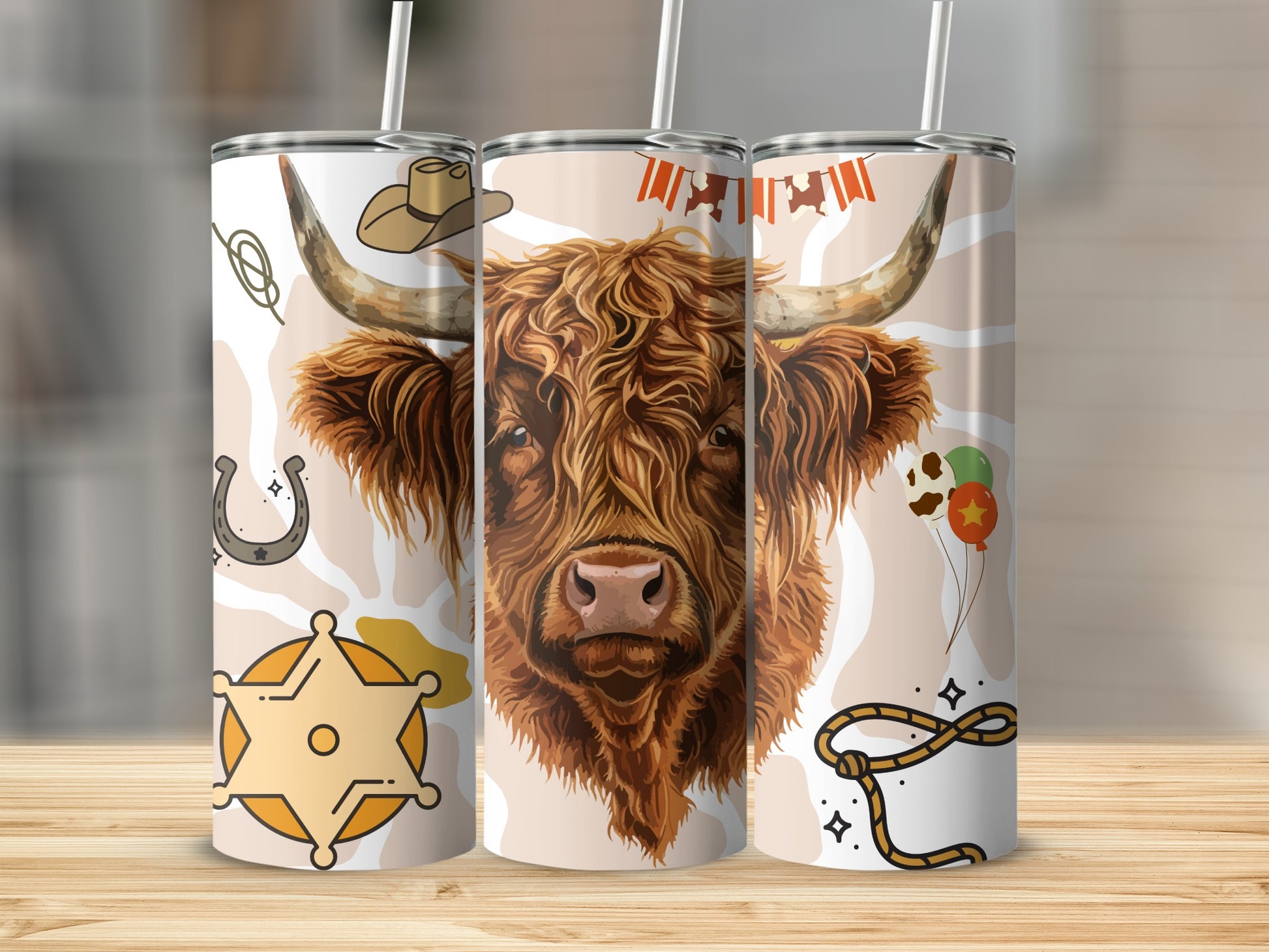 Highland Cow Western Rodeo Theme with Sheriff Stars Tumbler