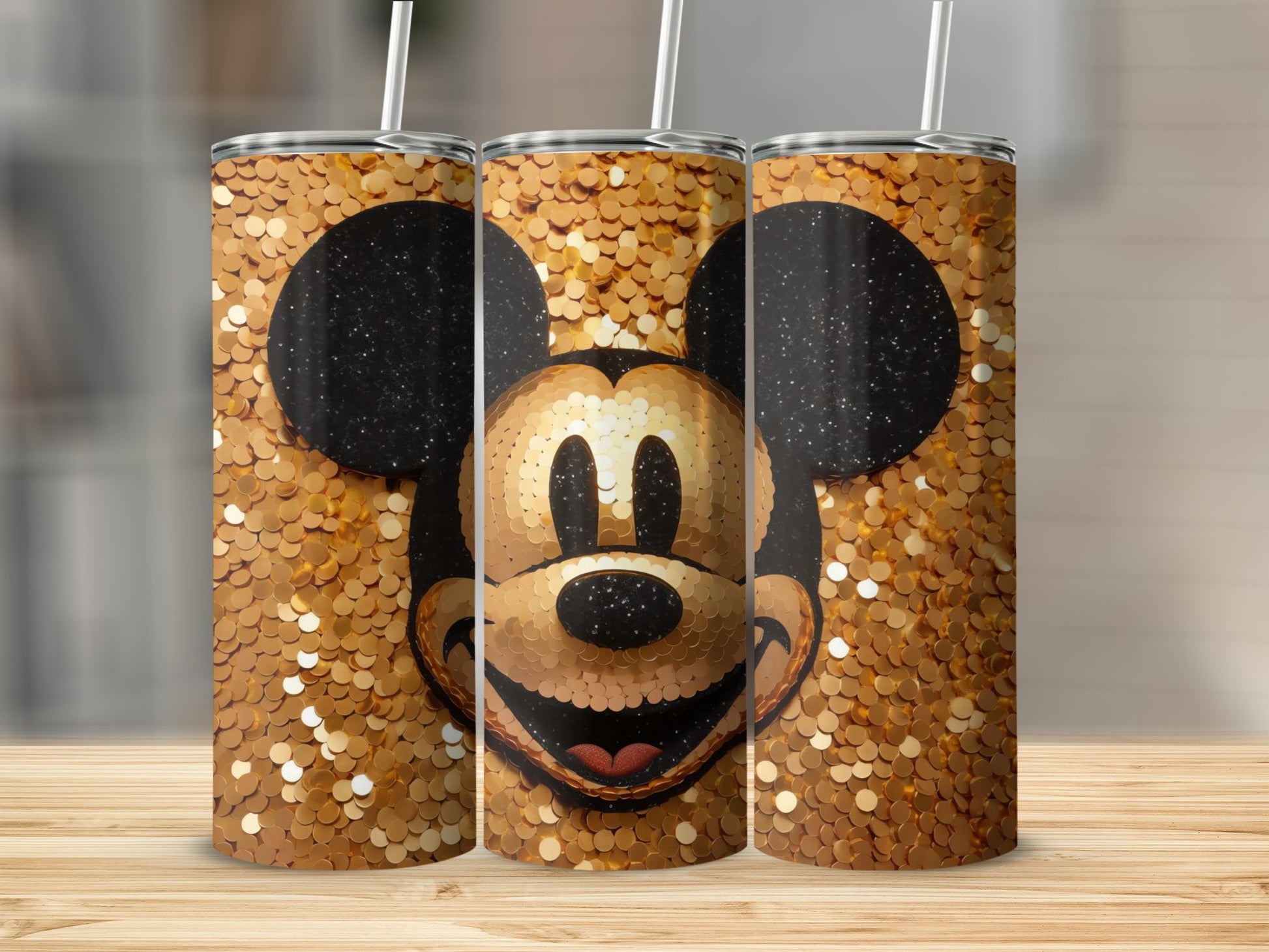 Gold Glitter Mickey Mouse Face Tumbler Cup Design