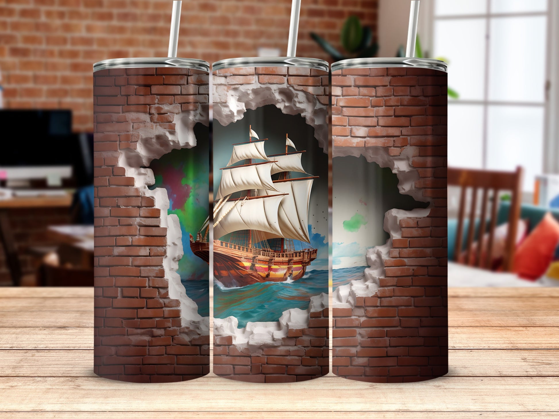 Sailing Ship Breaking Through Wall Tumbler