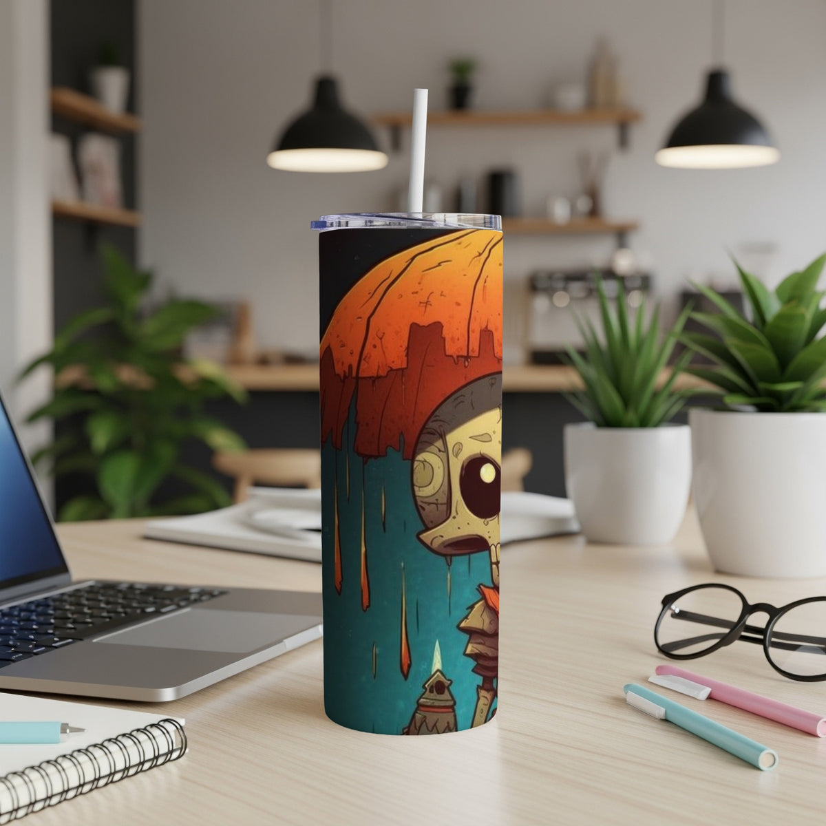 Tumbler with cartoon skeleton, orange umbrella, and teal background.