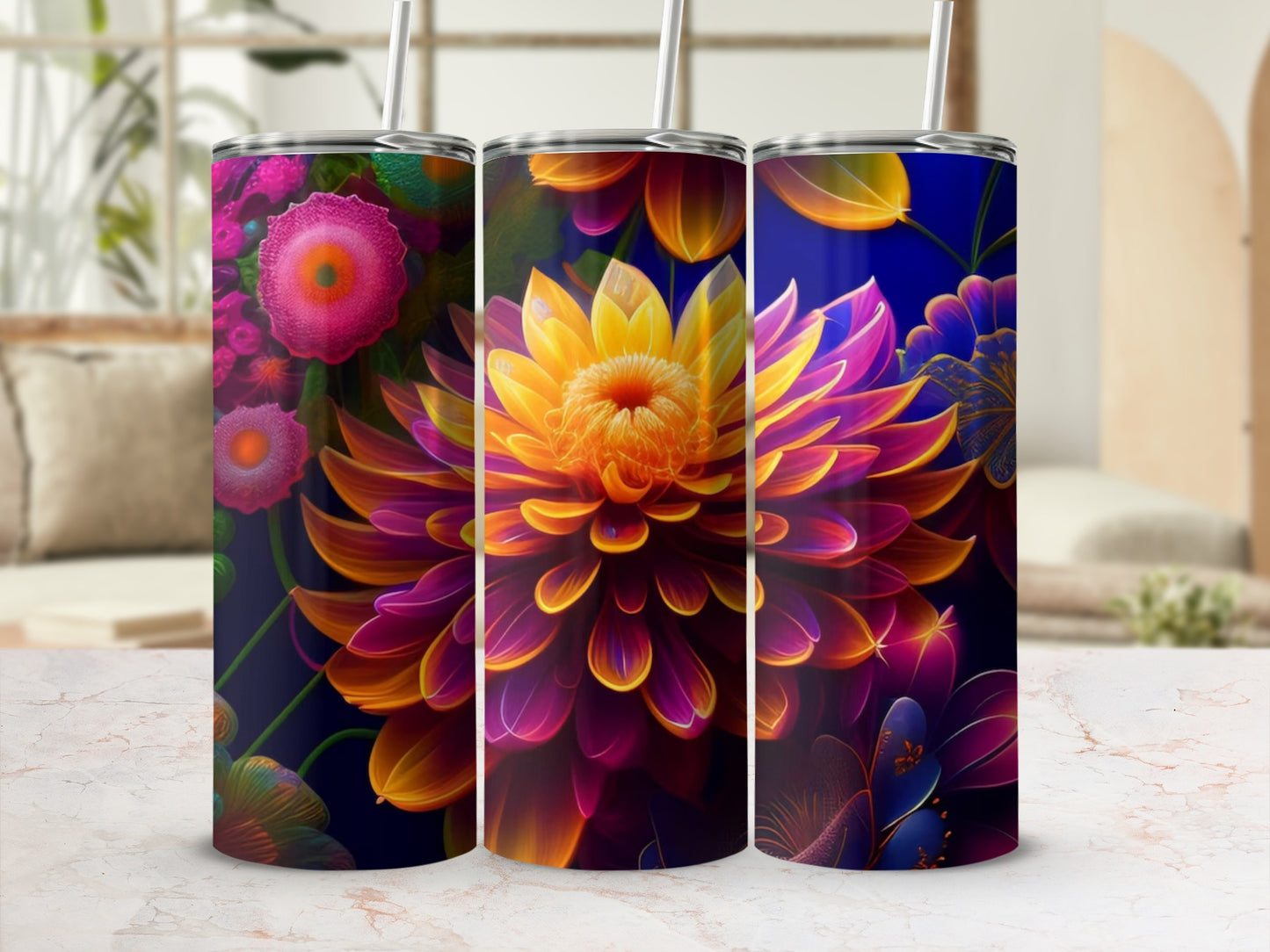 Vibrant Floral Design Stainless Steel Tumbler Set