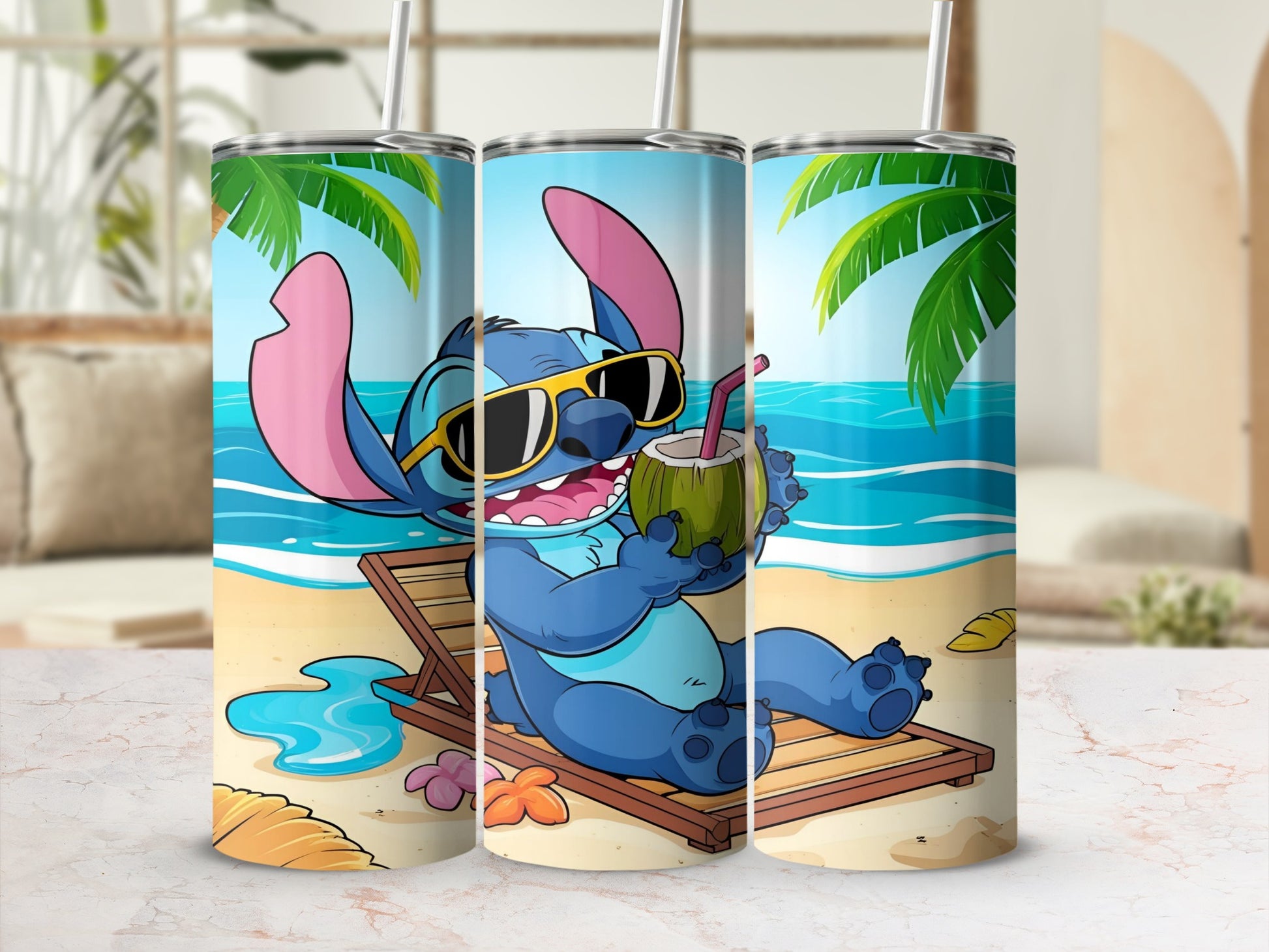 Stitch in sunglasses relaxes on a beach chair with a coconut drink.