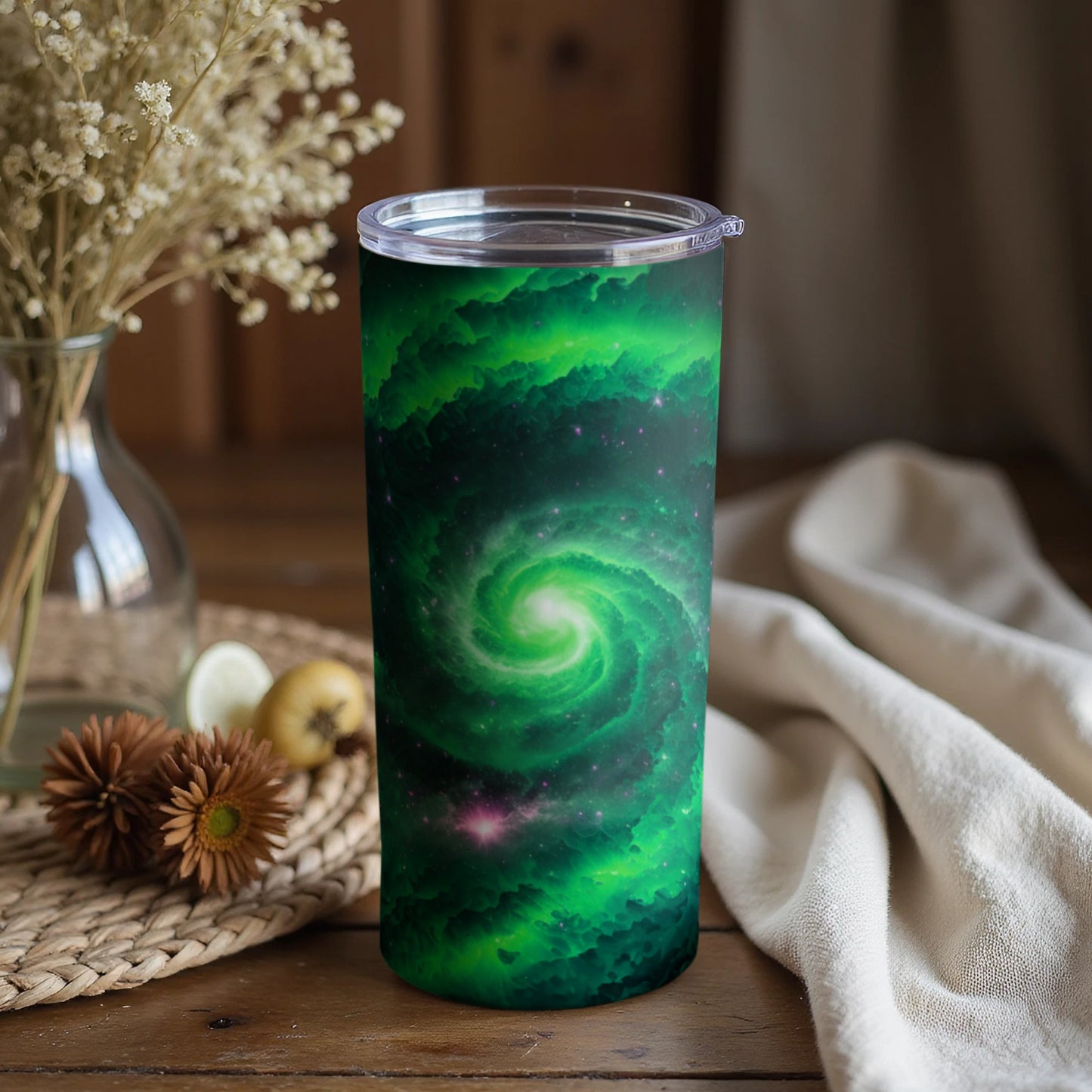 Captivating Green Galaxy Swirl Design Tumbler Cup