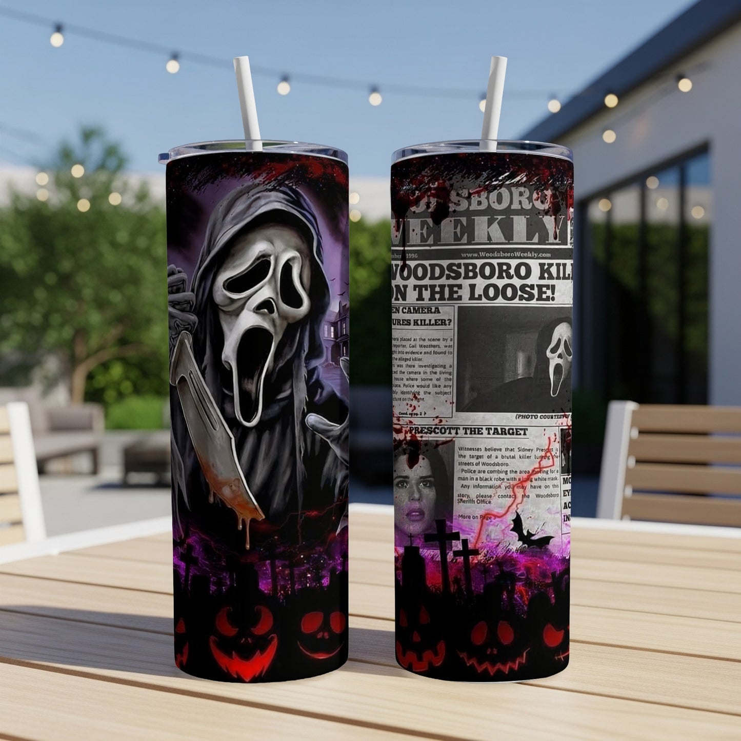 Two tumblers with Ghostface from Scream and Woodsboro Weekly newspaper print.