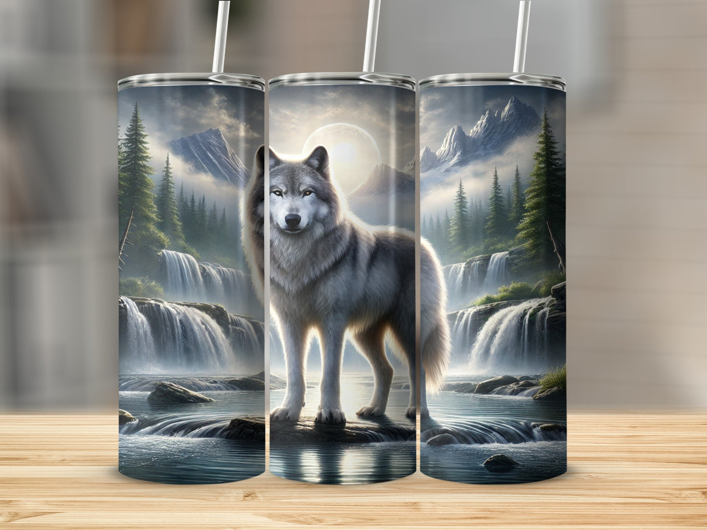 Majestic Wolf in Mountain Waterfall Tumbler Cups