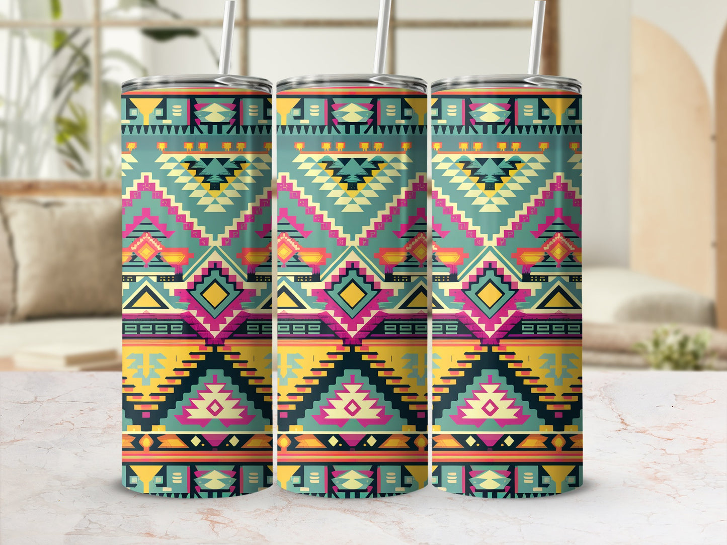 Three patterned tumblers with geometric Southwestern designs.