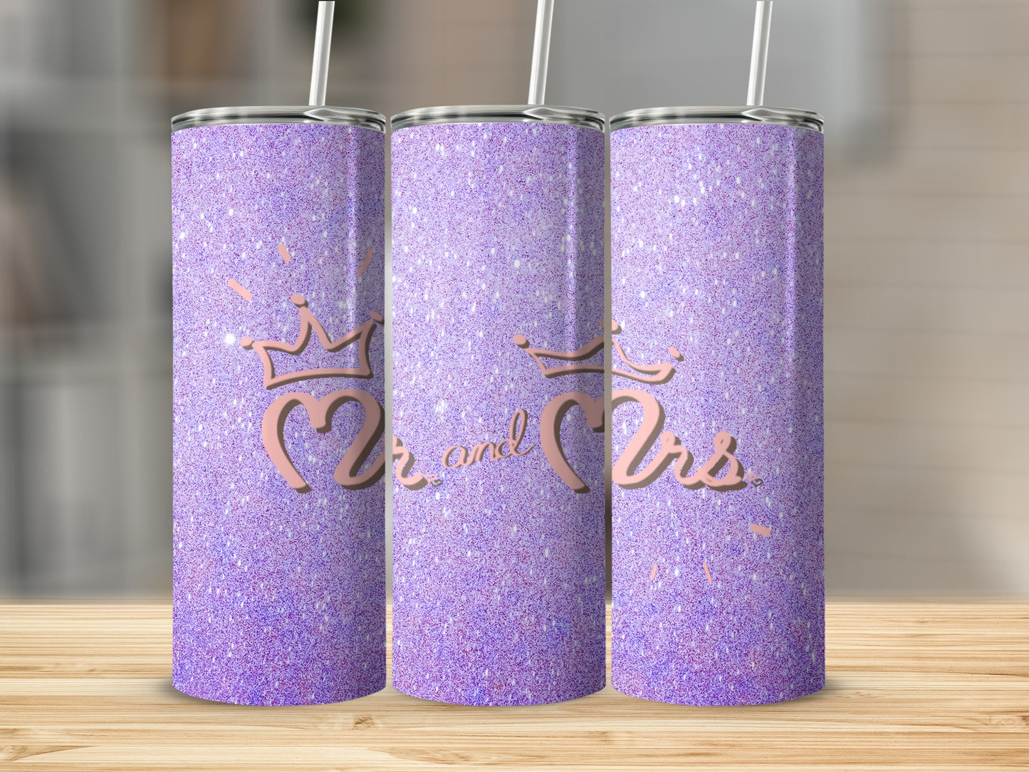 Three purple glitter tumblers with "Mr. and Mrs." text and crown design.