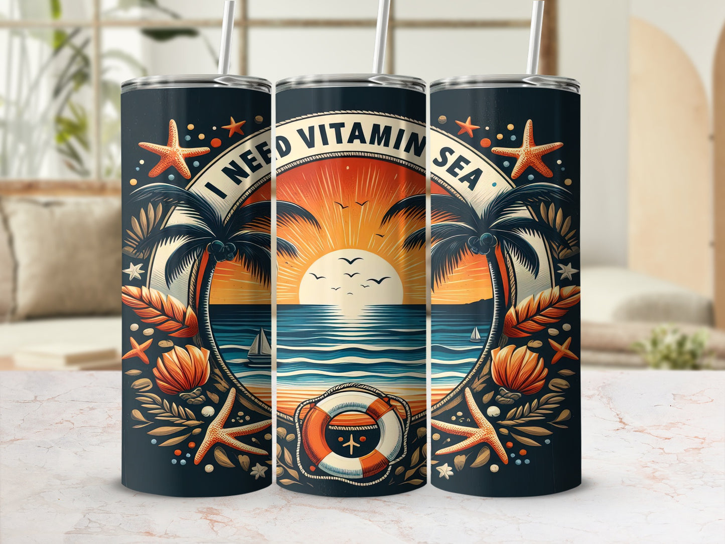 Tumbler with sunset beach scene, palm trees, seashells, and life preserver.
