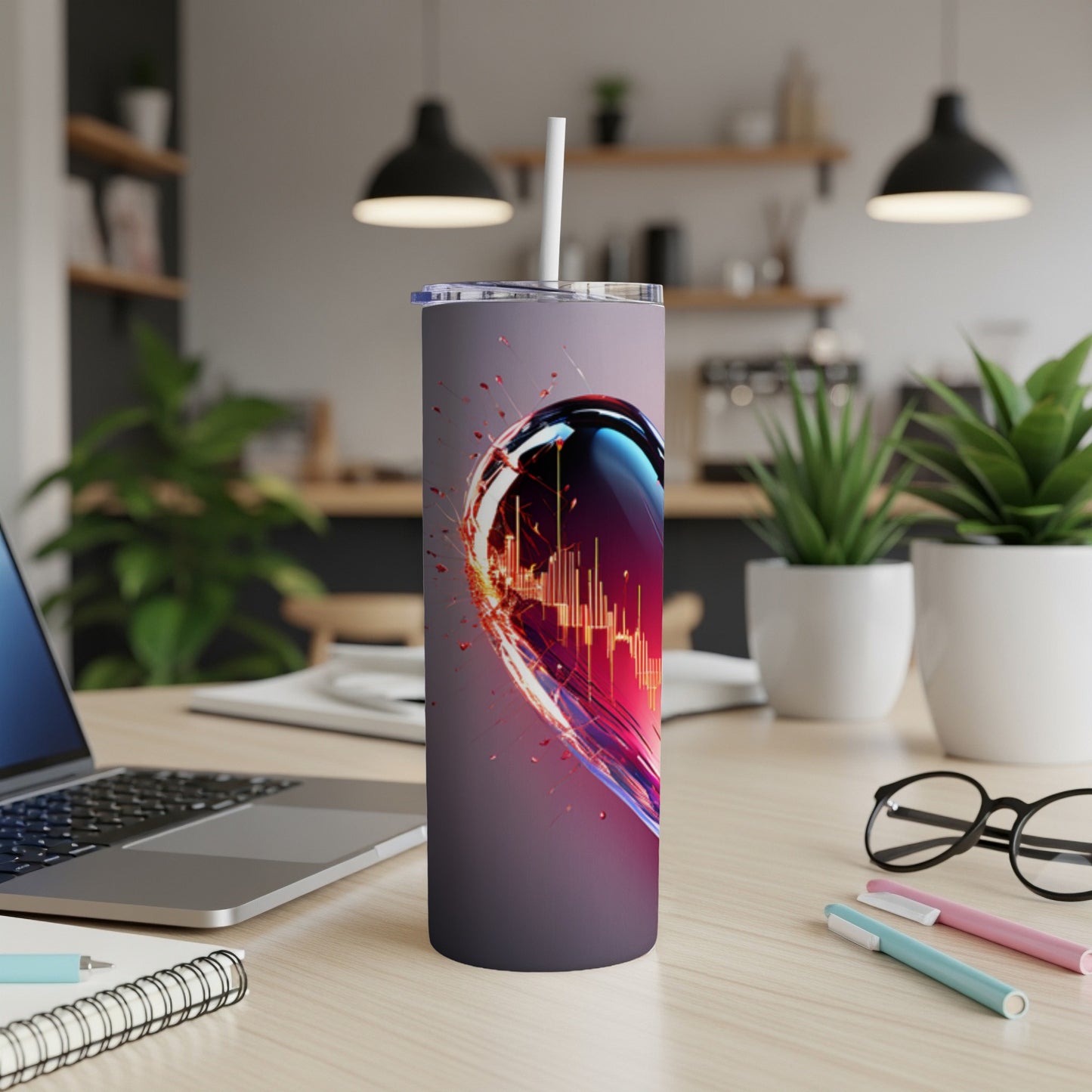 Heart-shaped stock market chart design on a modern tumbler.
