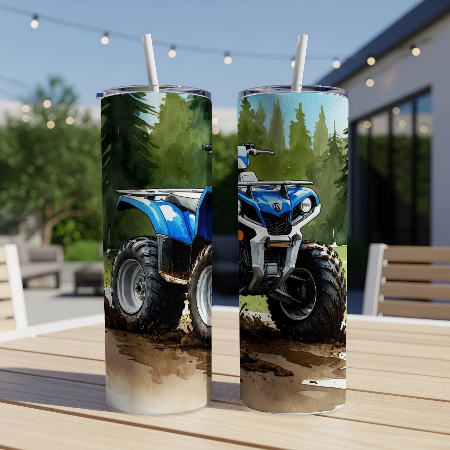 Blue ATV driving through mud with trees in the background.