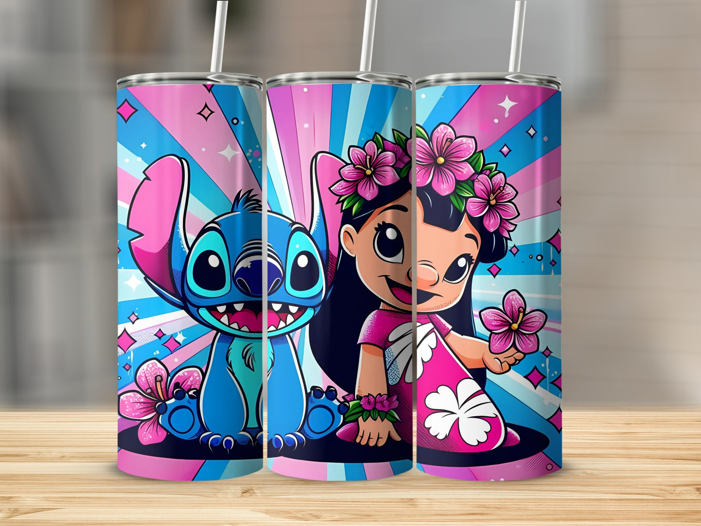 Cute Blue Alien and Girl Floral Art Tumbler Cups