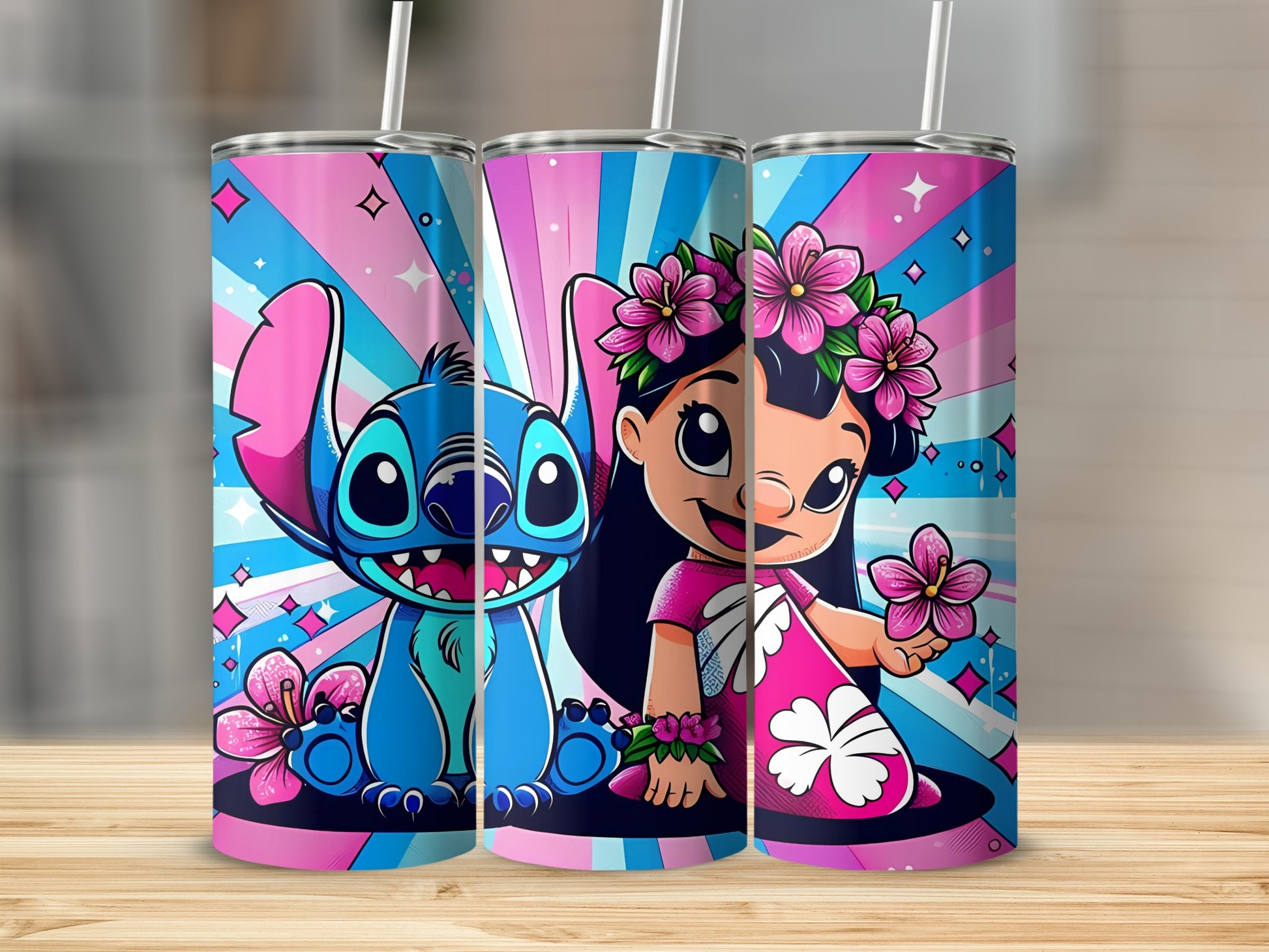 Cute Blue Alien and Girl Floral Art Tumbler Cups