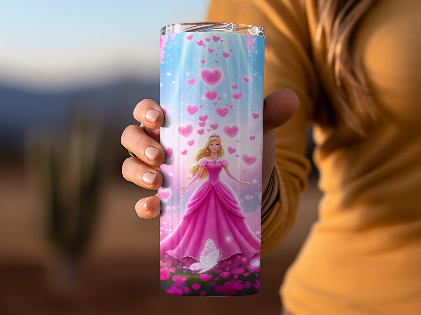 Barbie Surrounded Hearts Butterflies Pink Flowers Scene Tumblers