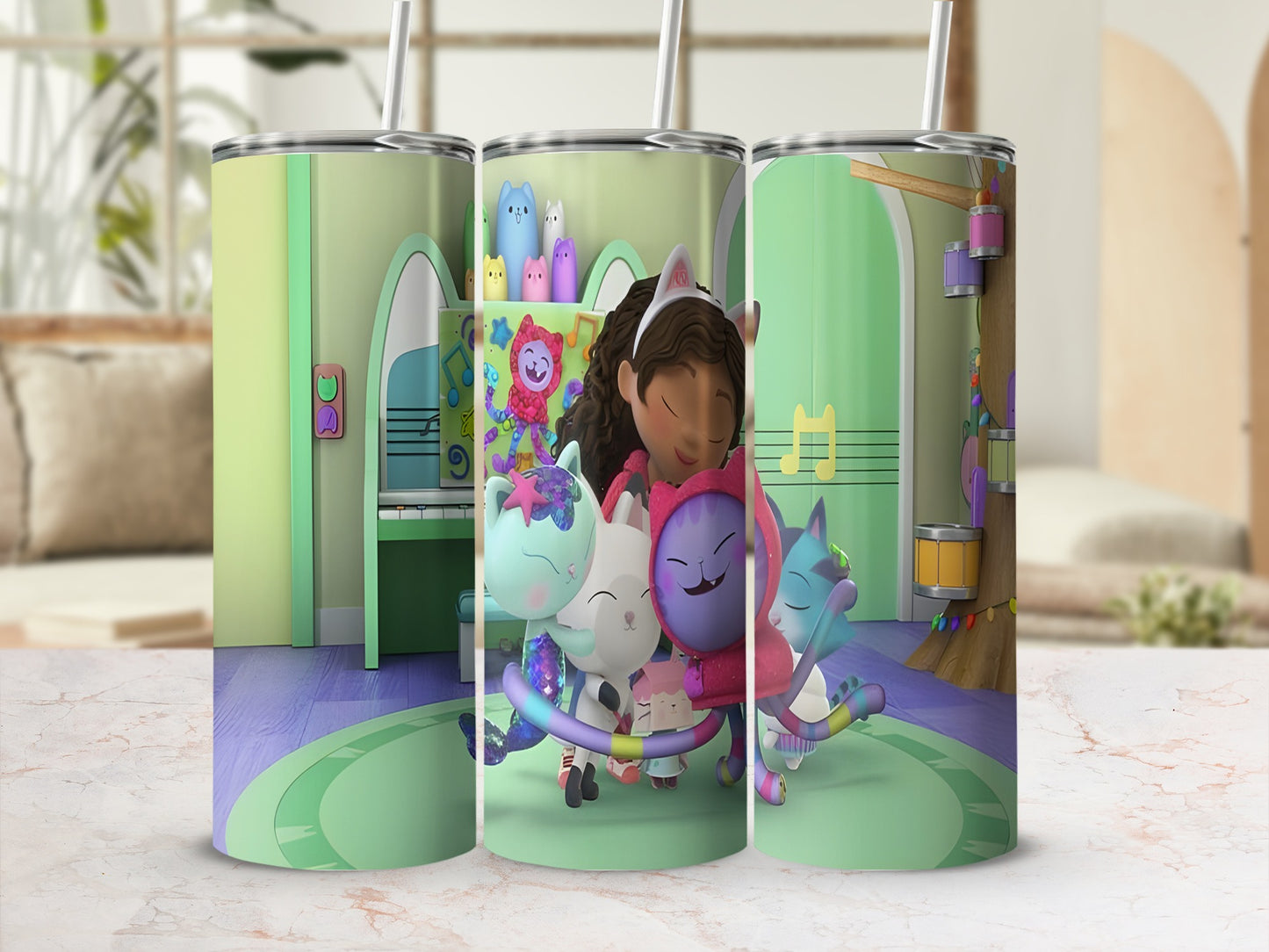 Gabby's Dollhouse characters hugging on a pastel purple and green patterned tumbler.
