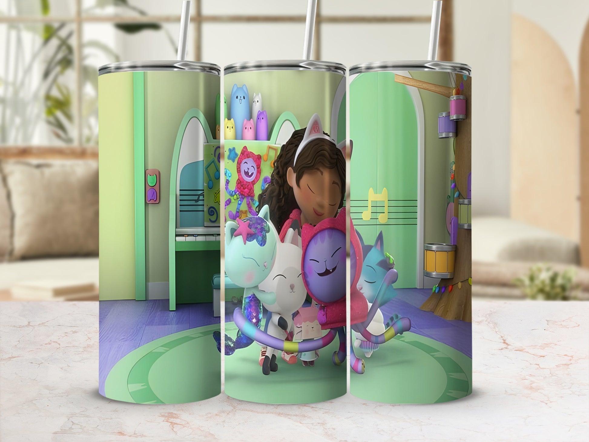 Gabby's Dollhouse characters hugging on a pastel purple and green patterned tumbler.