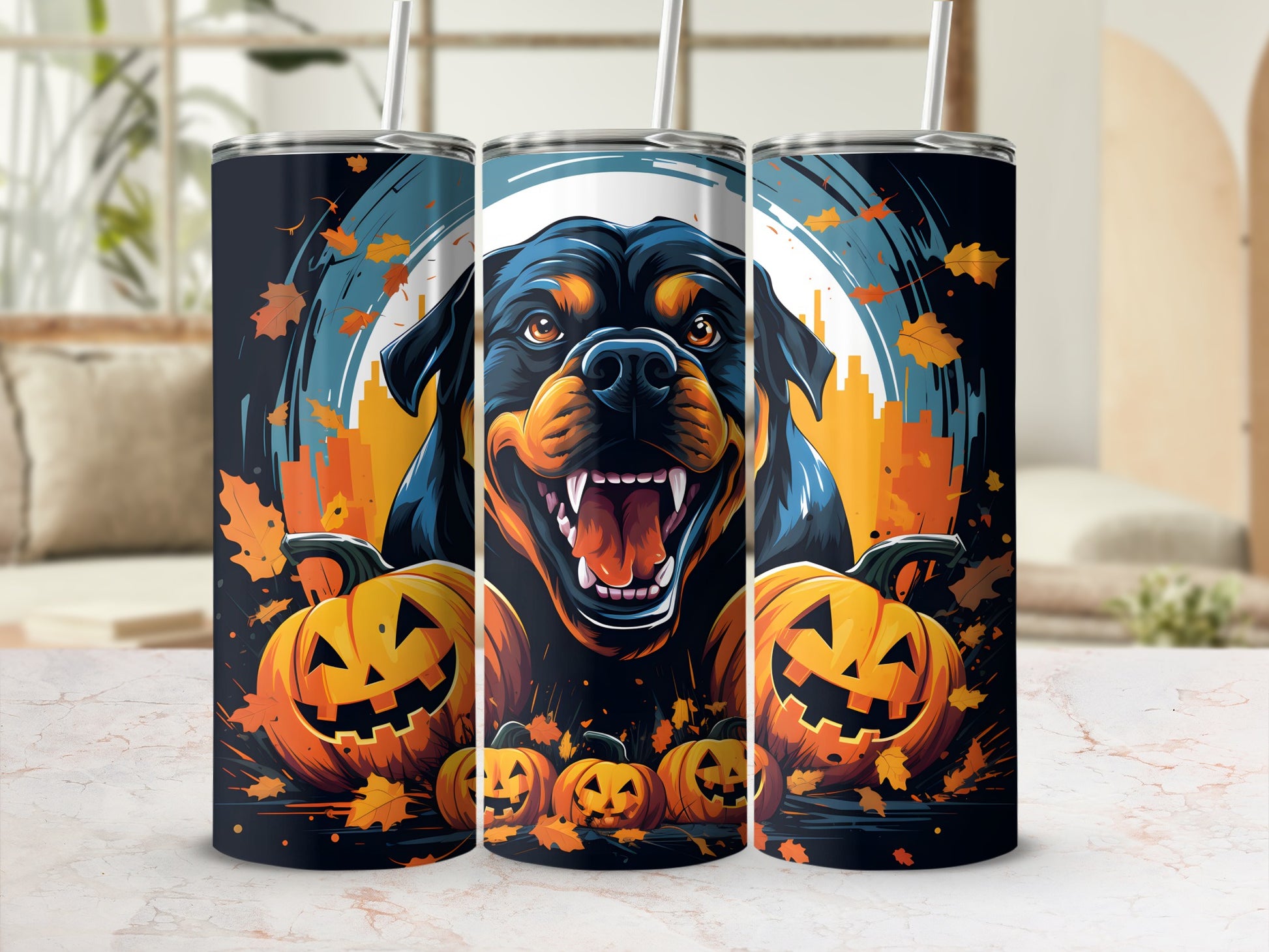 Tumblers with a Rottweiler and jack-o'-lantern Halloween design.