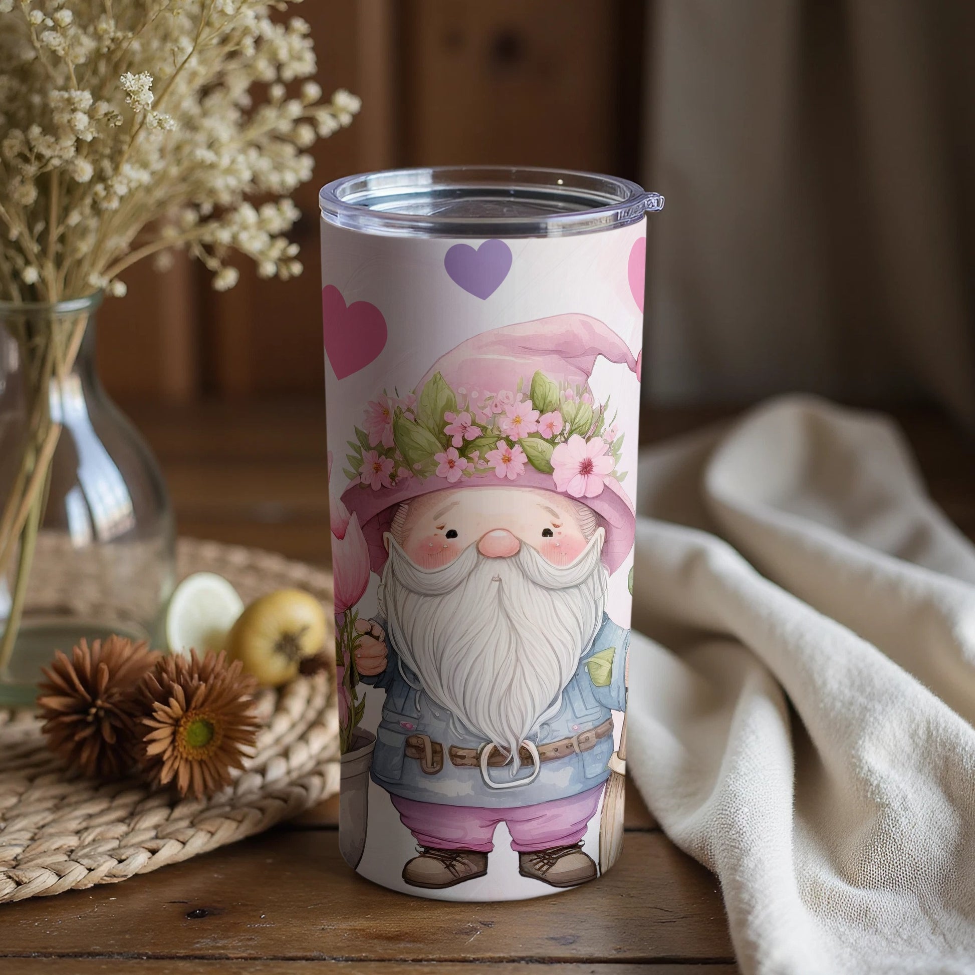 Cute Garden Gnome with Pink Hearts Tumbler