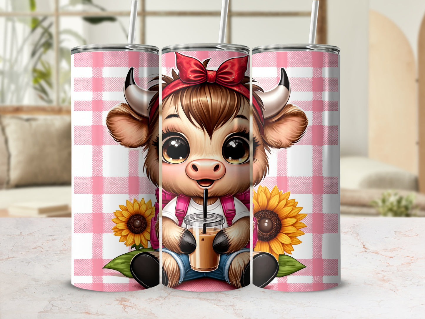 Cute cartoon bull wearing a red bow, holding a drink, with sunflowers.