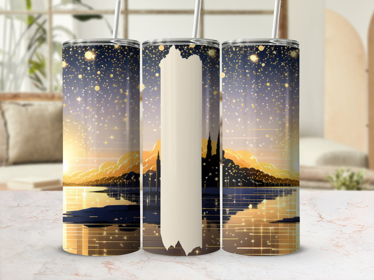Three tumblers with a starry night sky, city silhouette, and golden clouds reflected on water.
