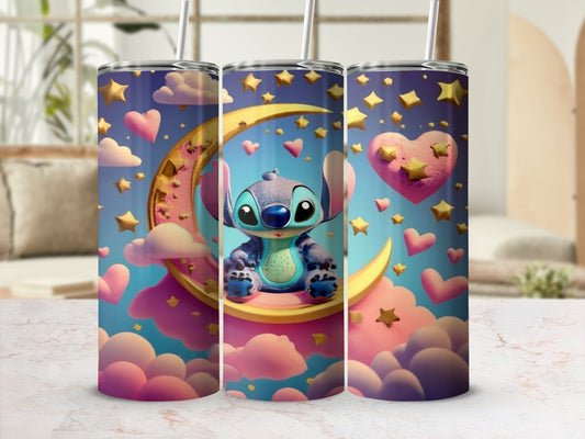 Cute Blue Alien and Moon Stars Decorative Tumbler