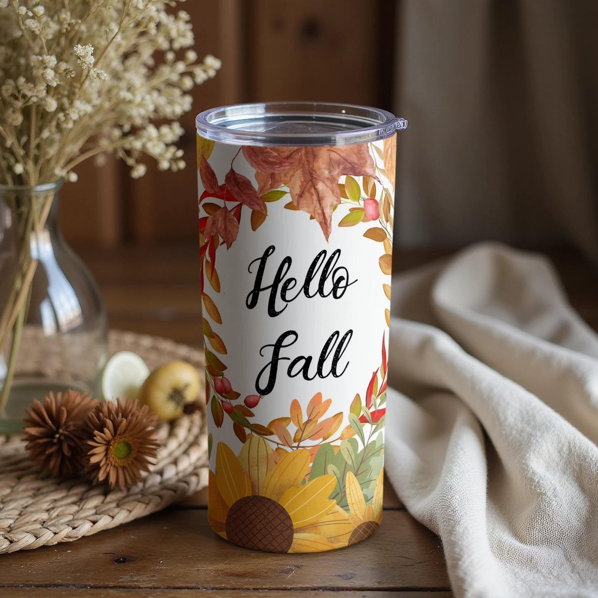 Hello Fall Autumn Leaves Floral Insulated Tumbler