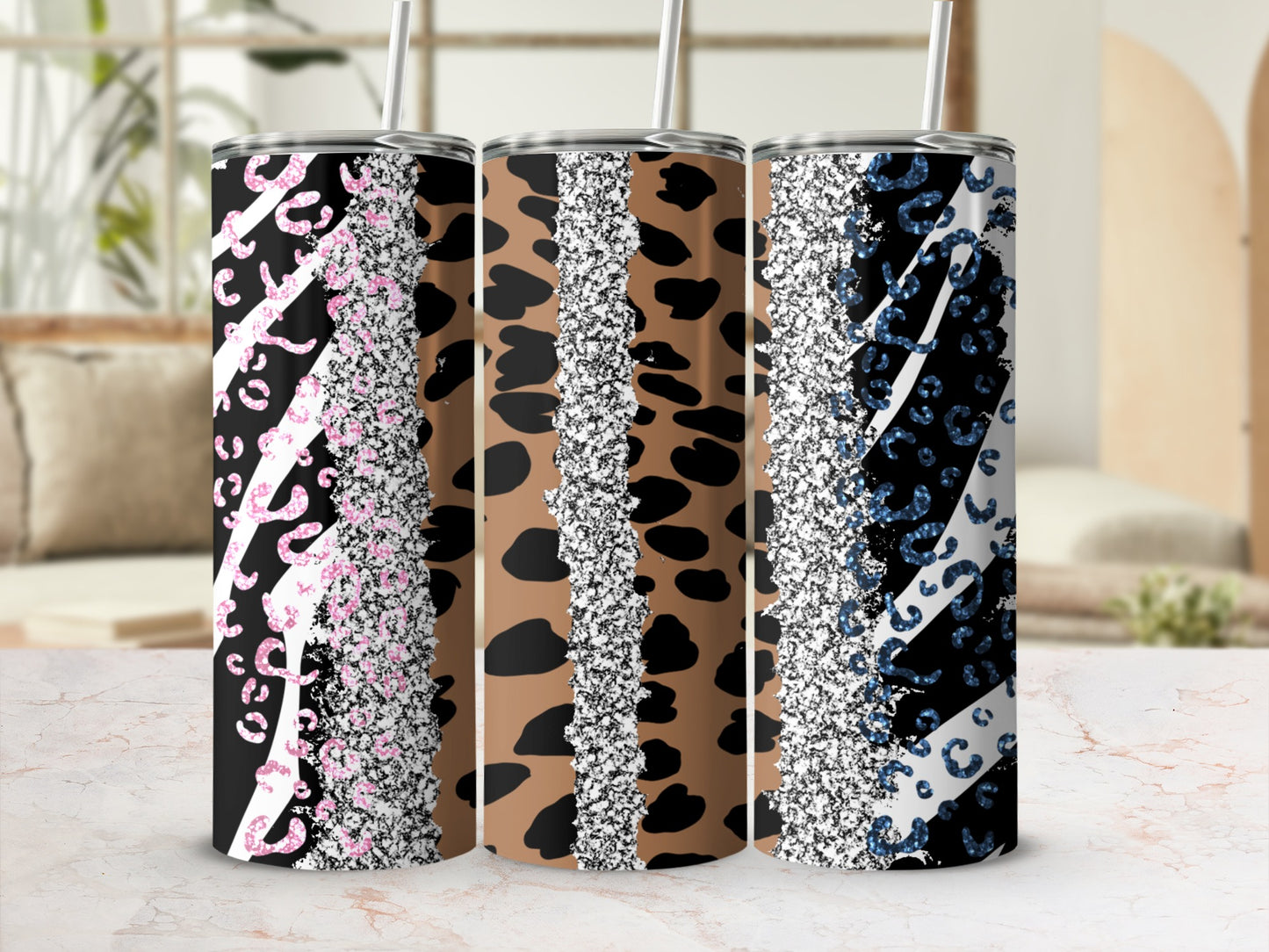 Sparkling Glitter Leopard Print Skinny Tumbler Set